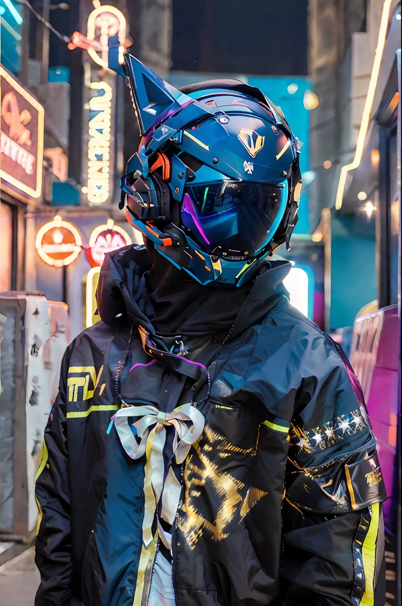 las marcas de la chaqueta convierte en triangulos azul neon, agrega un cibercasco realista del estilo daftpunk pero mas rudo e intimidante