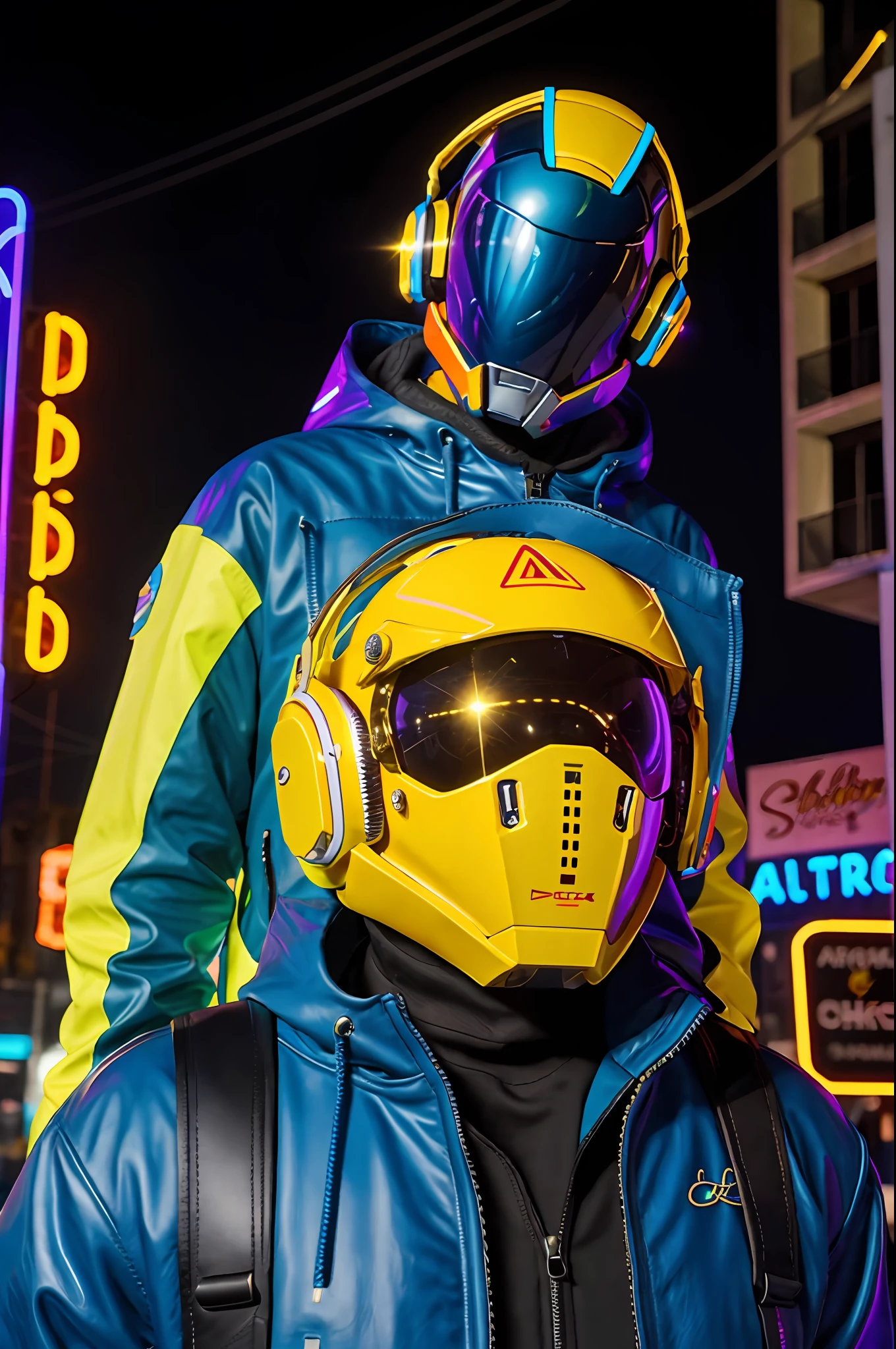 las marcas de la chaqueta convierte en triangulos azul neon, agrega un cibercasco realista del estilo daftpunk pero mas rudo e intimidante