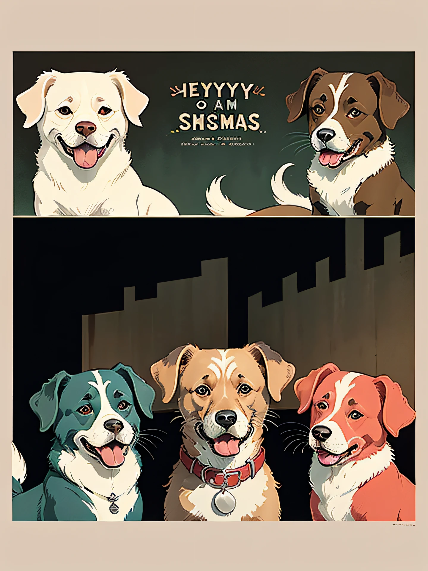 comic book! dog! --no anime!! --no anime!!! vintage, antique, illustrated Christmas card, image centered inside wide border around all four sides, vertical rectangle, drawn vertically, in the style of Kate Greenaway!, extra highly detailed drawing, simple, flat!, vector art!--no shadows, illustration! red, green, brown, --auto