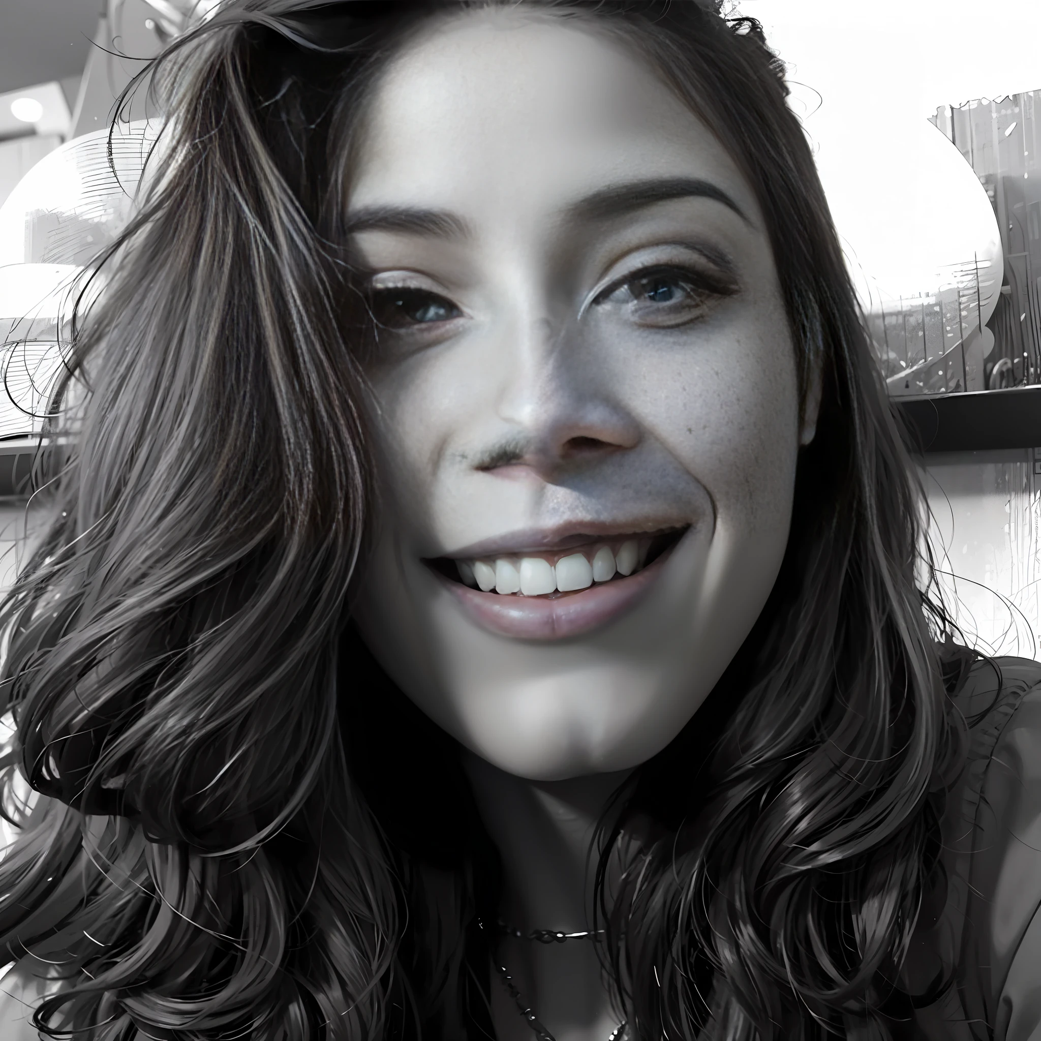 smiling woman with long hair and a necklace on her neck, Aida Muluneh, imagem em preto e Branco, Malika Favre, B&w foto, Directed by: Emerson Silva, uma foto em preto e Branco, Sara Ali, Alanis Guillen, imagem de perfil, Alexis Franklin, by Amelia Peláez, taken in the early 2020s, foto headshot
