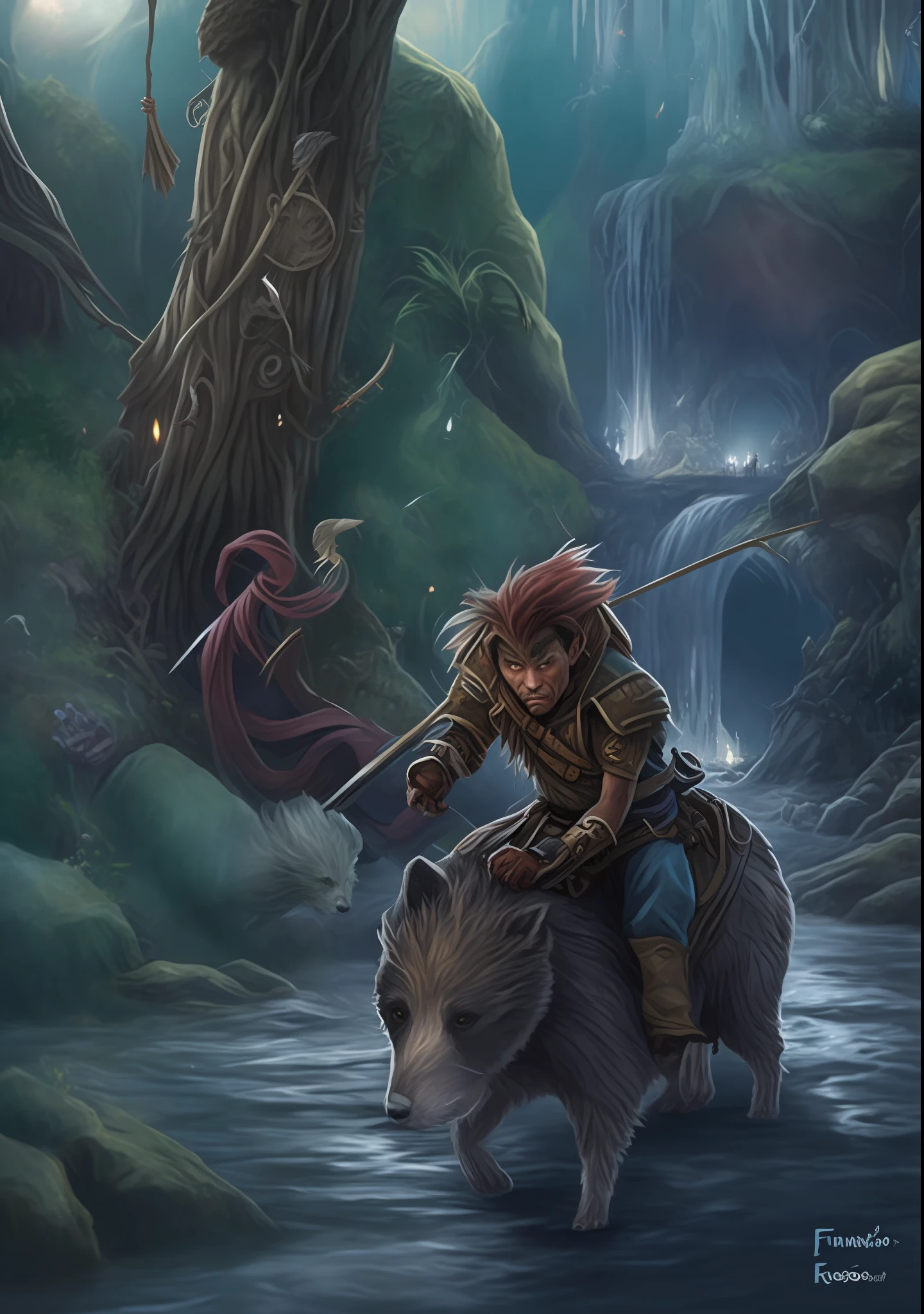 uma pintura de um homem montado no dorso de um urso, fantasy RPG book illustration, epic full color illustration, detailed fantasy illustration, full color illustration, high fantasy illustration, fantasy book illustration, arte de fantasia digital 2d detalhada, realistic fantasy illustration, Fantasy Illustration, epic fantasy illustration, estilo fantasia graphic novel, Pintura realista de fantasia, capa do romance litrpg