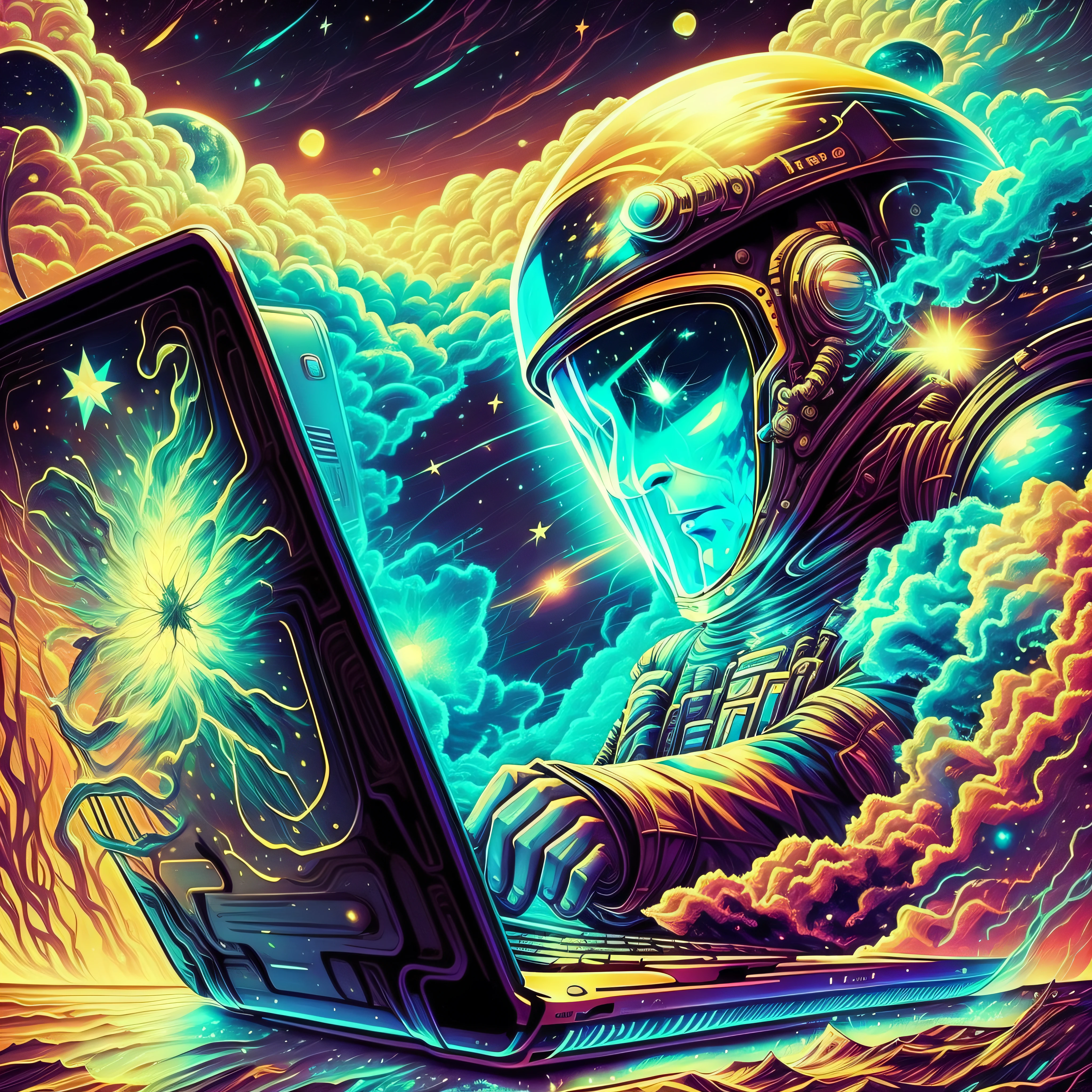 criar imagem de um homem astronauta segurando um laptop, com elementos de universo, estilo fantasia realista