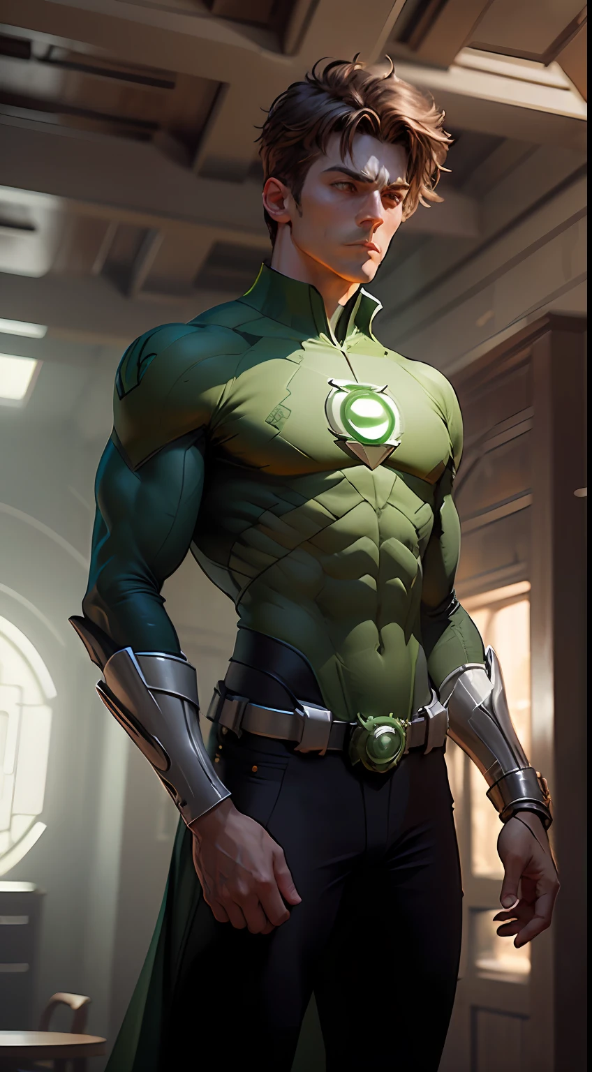 An epic masterpiece of the Green Lantern Corps, rendered in ultra-detailed CG and best quality imagery. Featuring the iconic emerald light, beautiful luminosity, and dynamic pose of the Green Lantern, set against a dark and intense background. The scene captures the heroic essence of the Green Lantern, as he stands resolute against the dangers of the universe. --auto