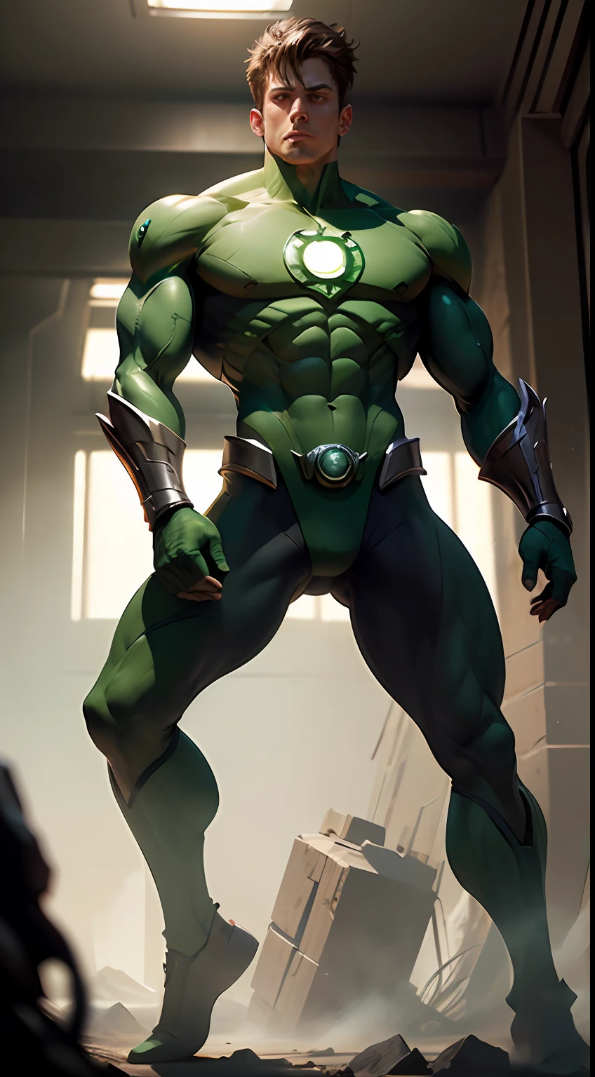 An epic masterpiece of the Green Lantern Corps, rendered in ultra-detailed CG and best quality imagery. Featuring the iconic emerald light, beautiful luminosity, and dynamic pose of the Green Lantern, set against a dark and intense background. The scene captures the heroic essence of the Green Lantern, as he stands resolute against the dangers of the universe. --auto