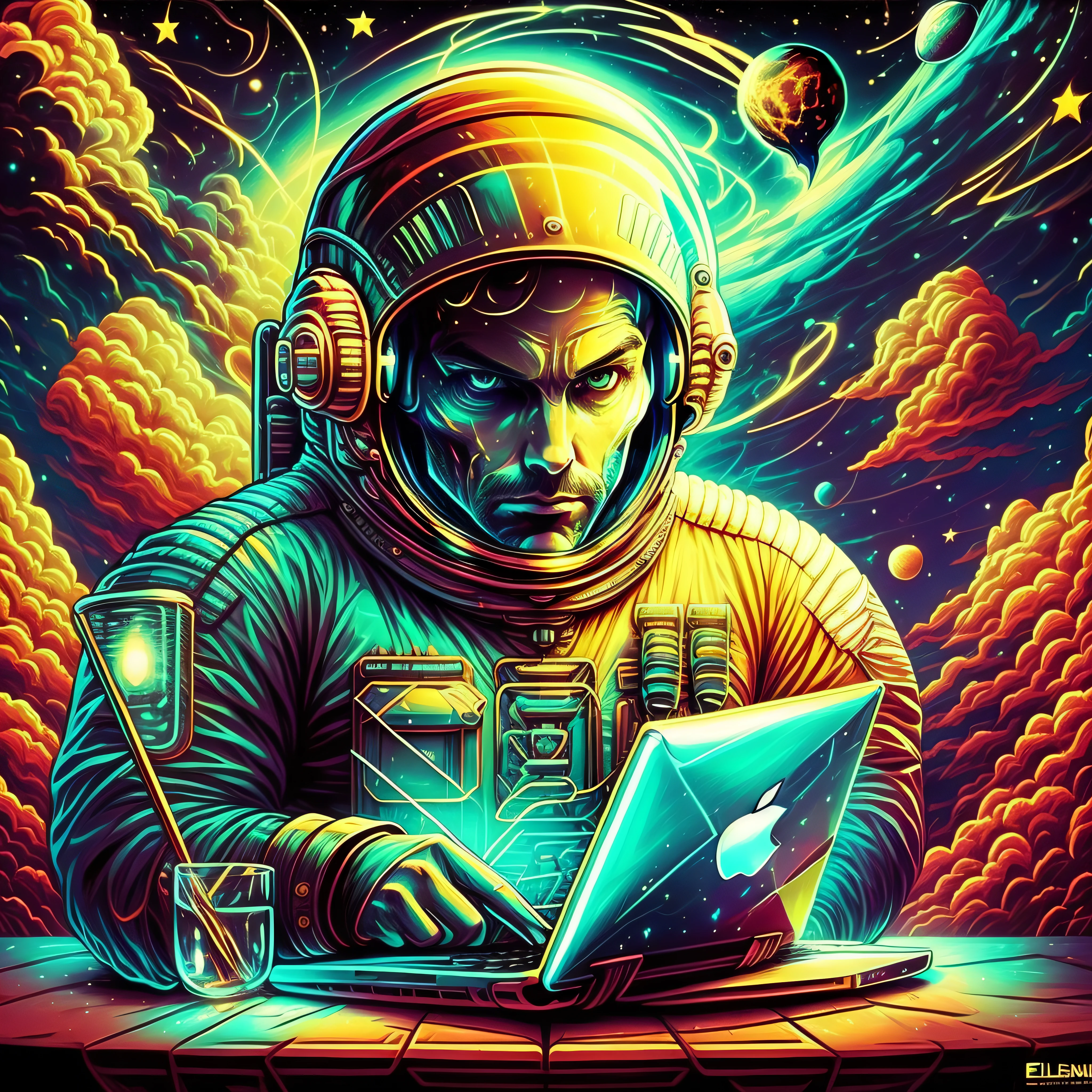 criar imagem de um homem astronauta segurando um laptop, com elementos de universo, estilo fantasia realista