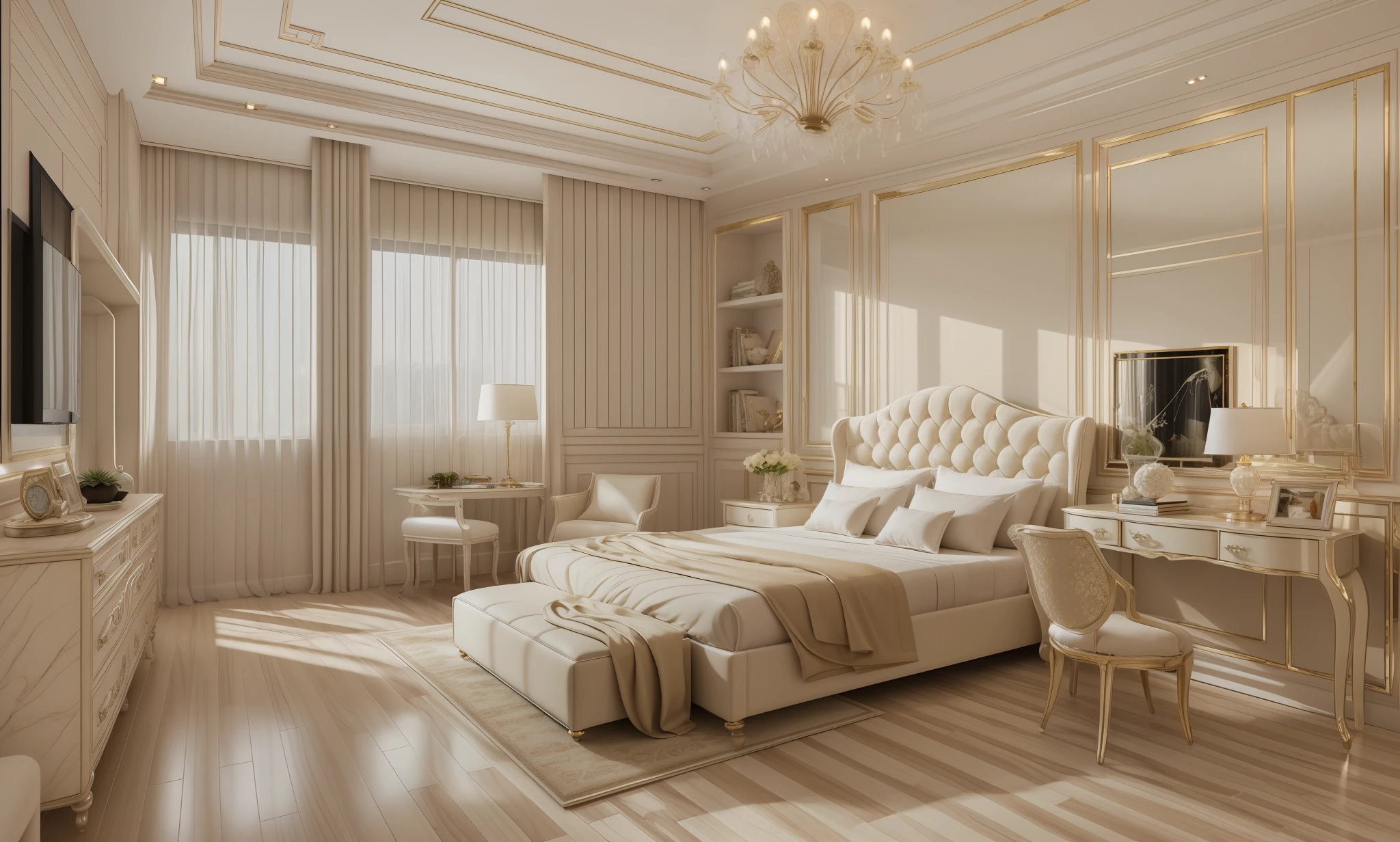 best quality, master picece, hyper detail, supper detail, best realistic, (classical bedroom, beautiful lighting, shimmering, decor wall)|[dreamy:1.2+airy:0.9] --auto