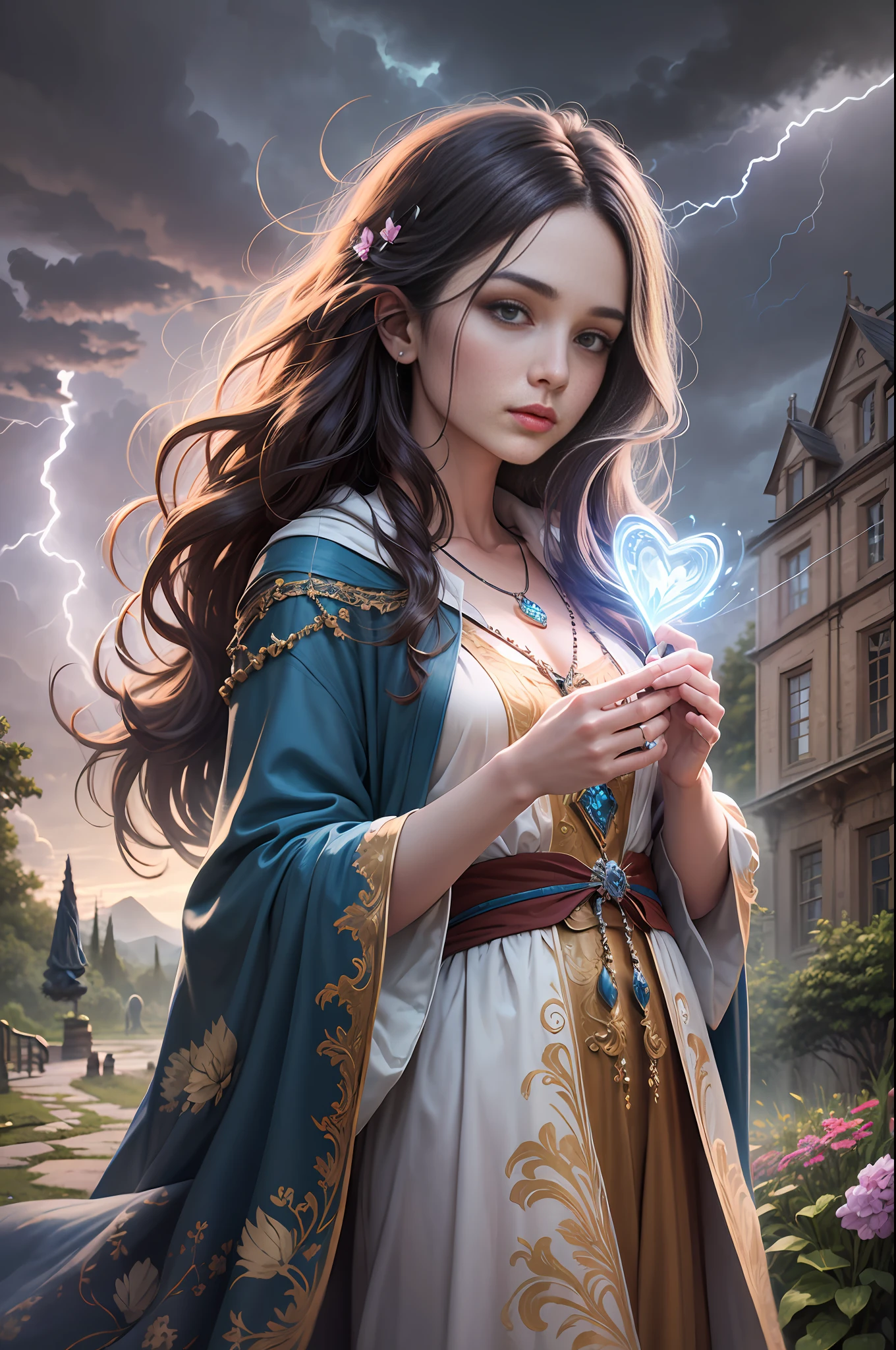 ((Best quality)), ((masterpiece)), ((realistic)), ((beautiful pretty wizard )) , in a beautiful garden, during a blue thunderstorm, at midnight, wearing pretty robes and ((holding heart shining stone)), casting spells to summon the spirits of the love, flower blooming from their fingertips, on eye level, scenic, masterpiece. --auto --s2