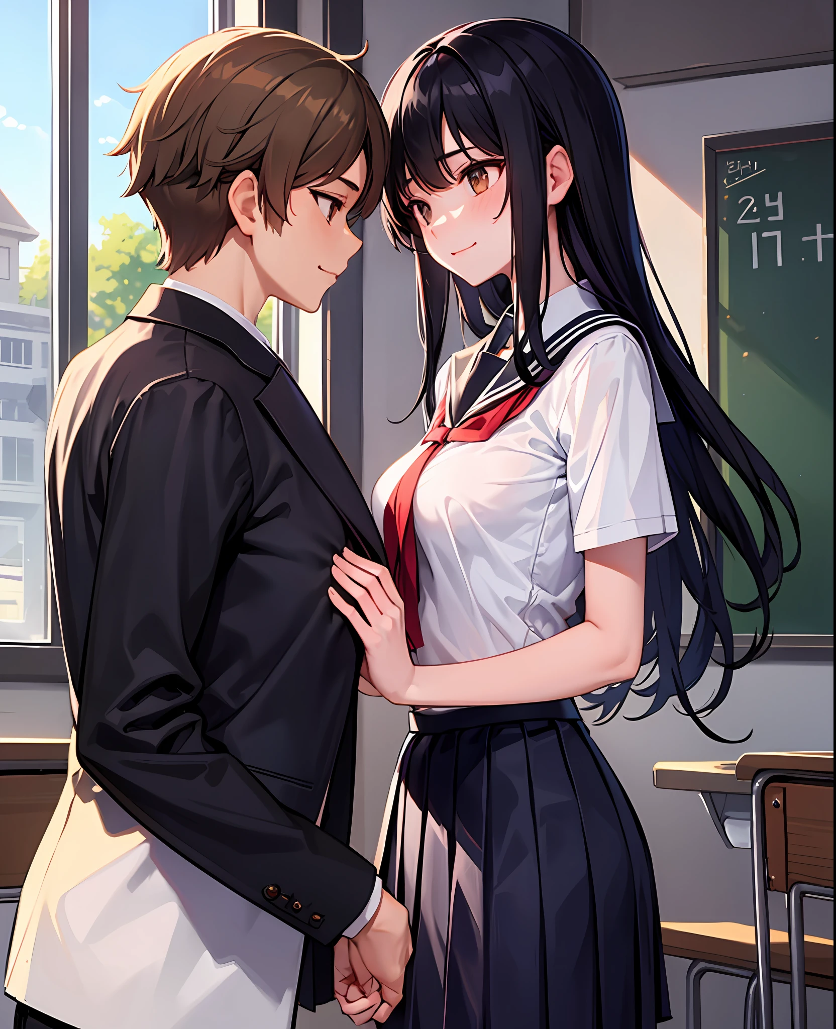 masterpiece, best quality, (1faceless boy:1.3),(boy grabbing breast:1.1),1girl .(school uniform:1.2), black long hair,brown eyes,(classroom:0.8), (sunset:0.7),(medium breasts:1.4), (sad smile:0.8)