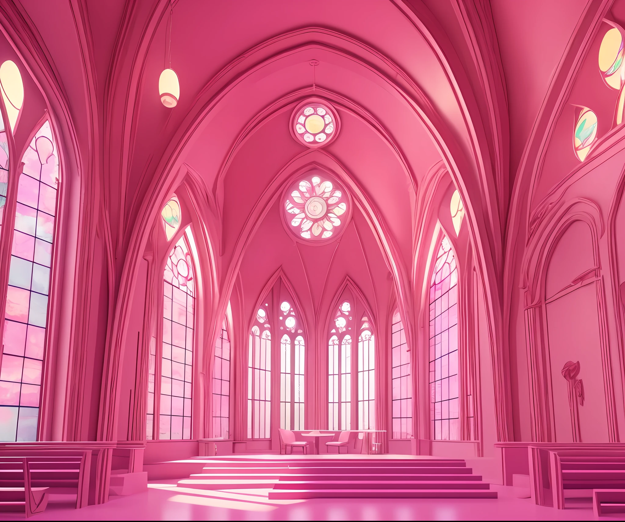 ((Masterpiece)), (ultra-detailed), (intricate details), (high-resolution 8k CGI art), This church environment exudes a pink hyper-futuristic atmosphere, adorned with majestic stained glass windows in vibrant pastel colors throughout. There are no people present, but it embodies the style of a pop music video. It's a pop-style, technological setting with pink hues permeating every corner, boasting 4k quality and high definition.