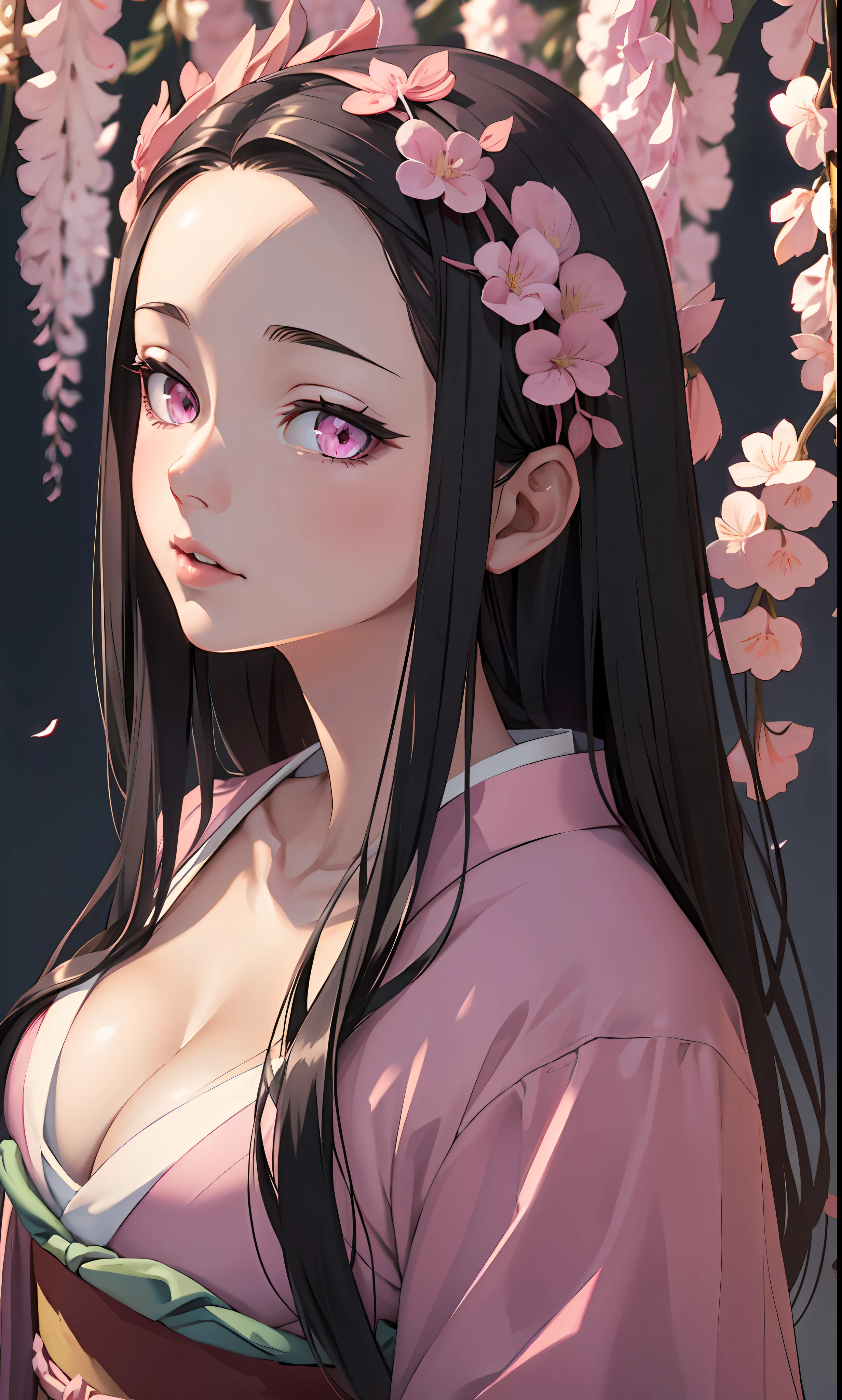 masterpiece, (pink kimono), seductive face, good lighting, cleavage, fine detail, masterpiece, glowing eyes, 1girl, black hair, sucking, nezuko kamado, wisteria background, masterpiece, best quality, pov,,