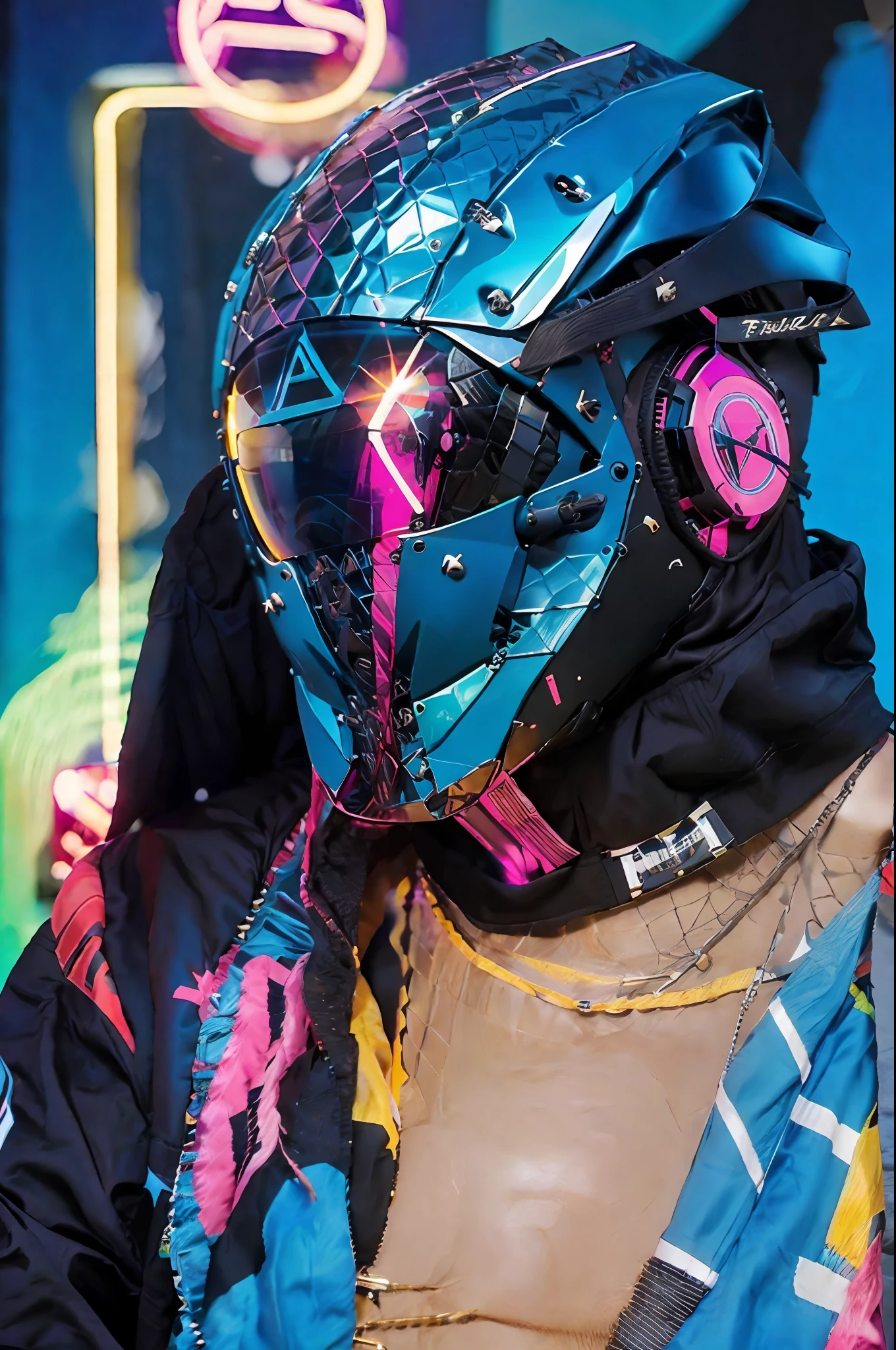 las marcas de la chaqueta convierte en triangulos azul neon, agrega un cibercasco realista del estilo daftpunk pero mas rudo e intimidante