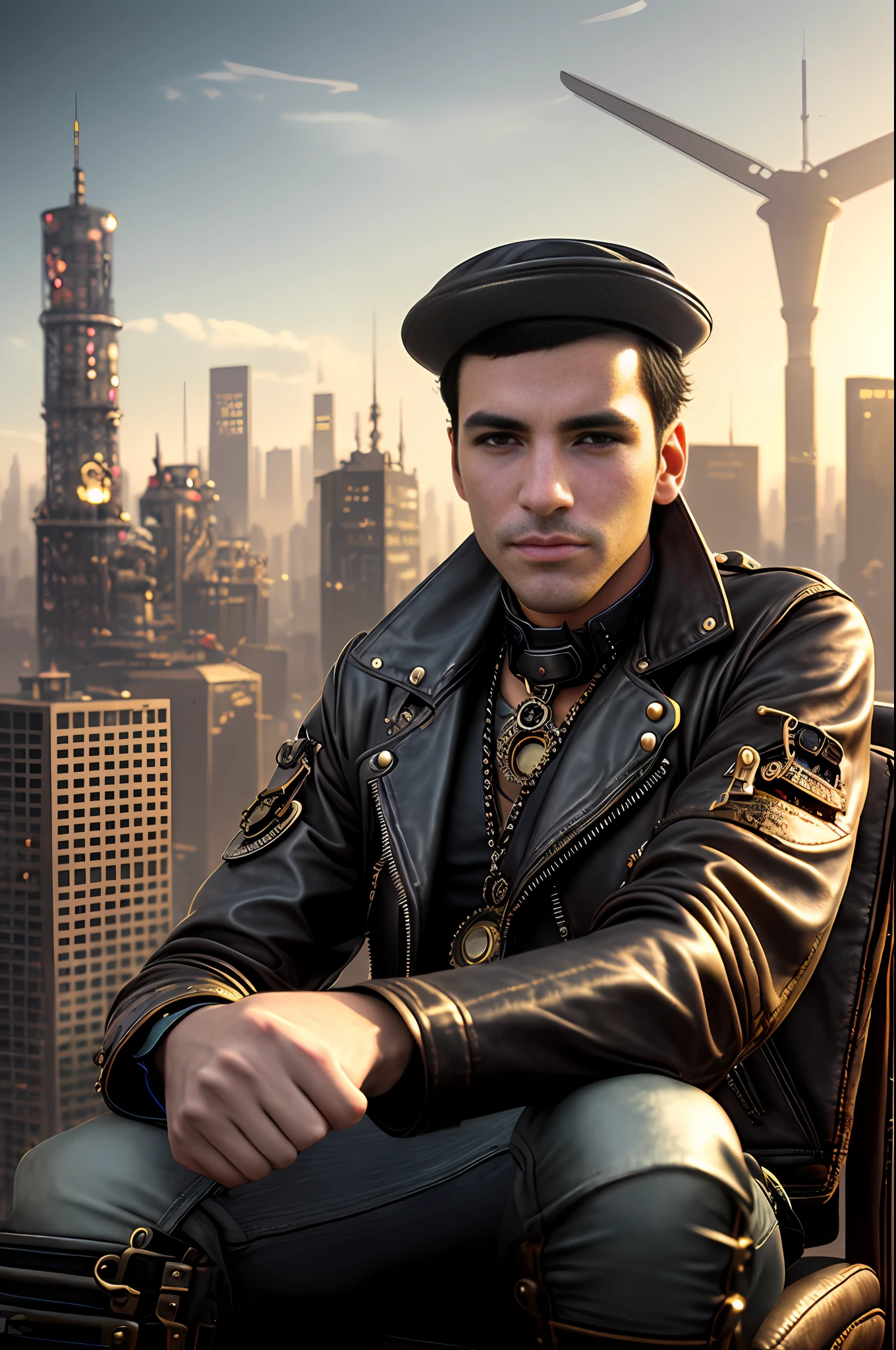arafed man in leather jacket sitting on chair in front of city, steampunk male portrait, dieselpunk setting, dieselpunk look, High Quality Portrait, dieselpunk look, (steampunc), ( steampunc ), steampunk fantasy style, steampunk clothes, matte painting portrait shot, steampunk style, wearing cyberpunk leather jacket, steampunk engineer, dieselpunk style, steampunc, Cyberpunk, steampunk imagery themed