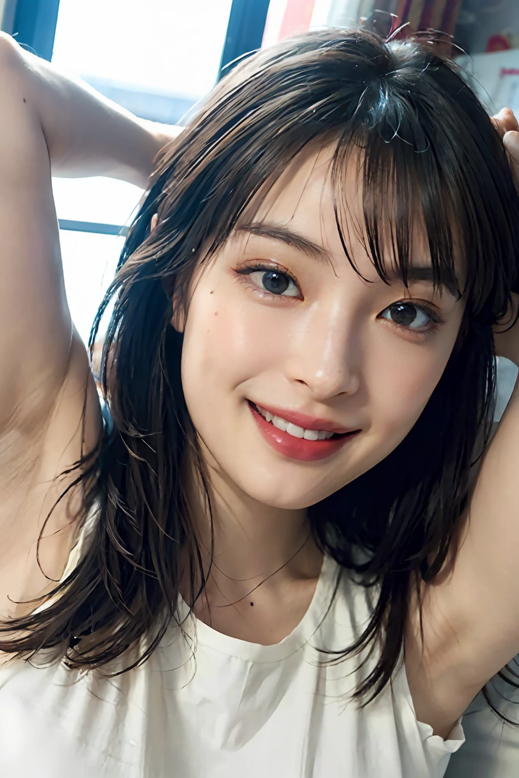 a masterpiece of、beste-Qualit、realisitic、(A hyper-realistic), (illustratio), (A high resolution), (8K), (richly detailed), (the best illustration), (beautiful-detailed eyes), (beste-Qualit), (ultra hyper-detailed), (a masterpiece of), (wall-paper), (details face), a bed、Upper body close-up,Armpit, A smile,Plump,独奏,(Girl in silk white tank top), full of sweat, japanes, big chest out, (camel's toe)、gigantic-breast、Luxury living room、Detailed white teeth、Ultimate Beauty、