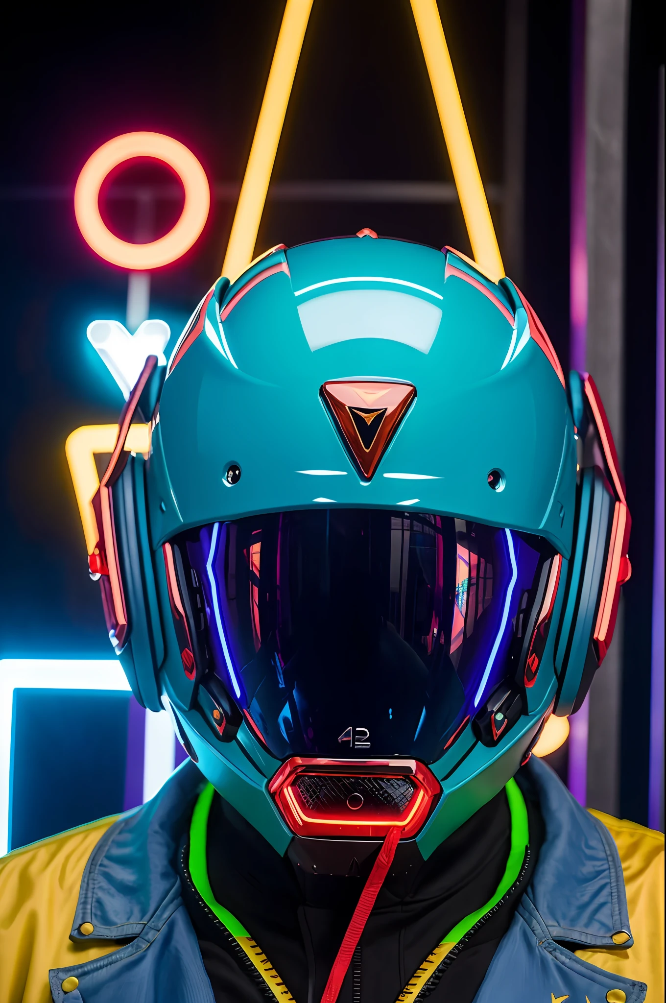 las marcas de la chaqueta convierte en triangulos azul neon, agrega un  cibercasco realista del estilo daftpunk pero mas rudo e intimidante