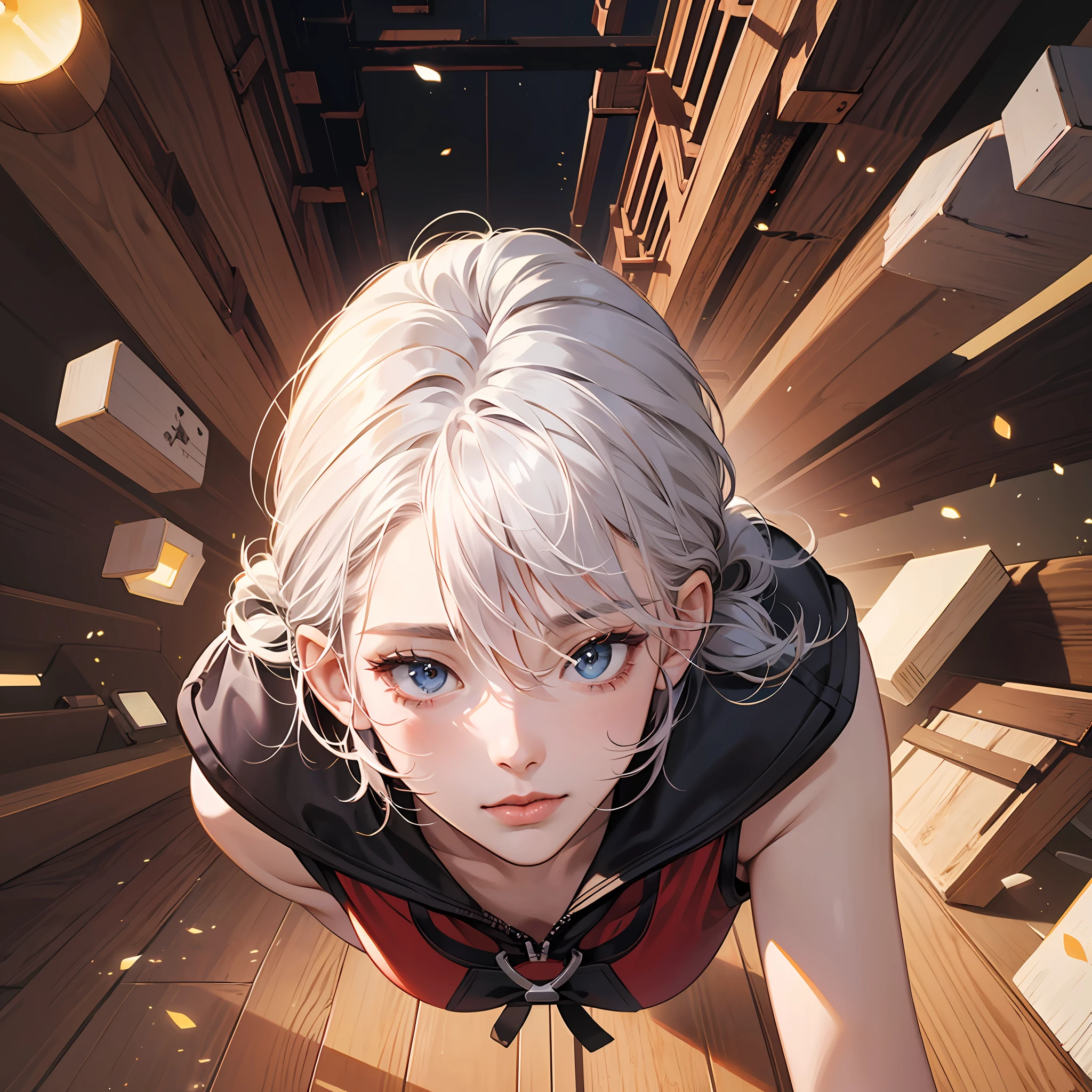 Solo, super cute woman, th all of fours, top down, unkempt medium white hair, Perfect Ratios, High resolution, Highest Quality, ultra-high-quality, Super Detail, A hyper-realistic, Photorealistic, Anime, Illustration --auto