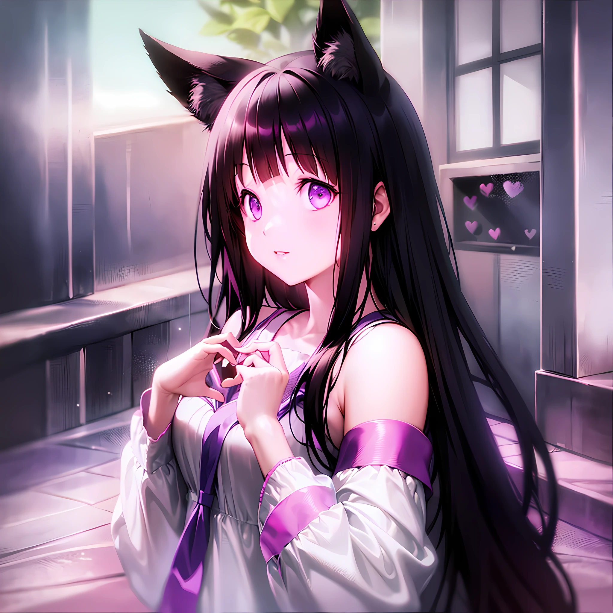 Eru Chitanda with long black hair and purple eyes, makes a heart with your hands