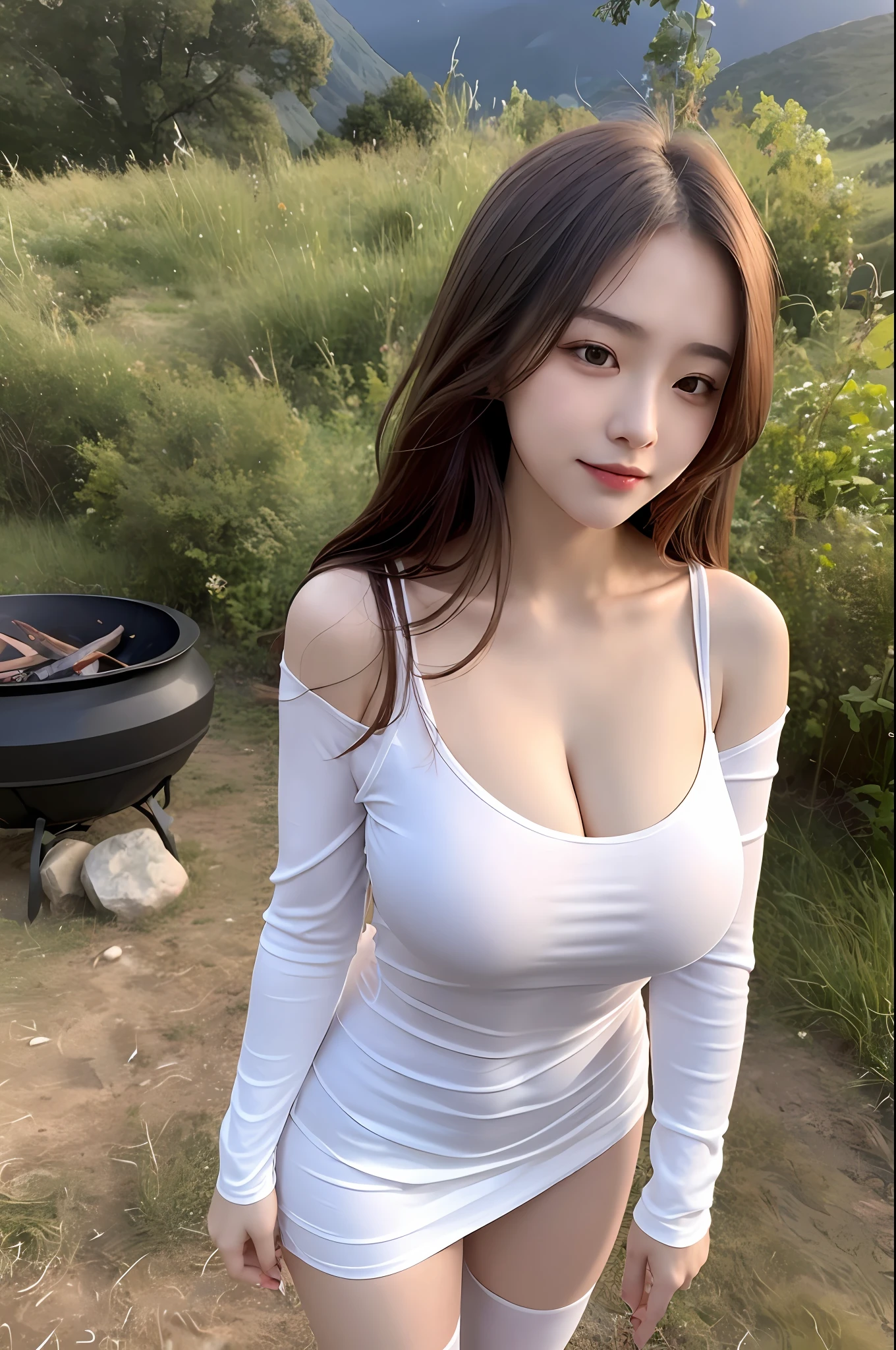 ((realistic raytraicing,Best Quority,8k,a masterpiece of:1.3)),1girl huge large breasts,Little moles under the eyes,ssmile,With his eyes closed,Small moles on the breast,Pretty woman with slender figure:1.4,Abs:1.1,Korea person,pale-skin,(Floating wavy silk brown hair,Breezy hair,medium_breasts:1),(deep_cleavage),white offshoulder shirt:1.2,long sleeves wet by wind,(Sweaty skin on the breast:1), standingn, night in the mountain, campfire light, Ultra-detailed face, finely-detailed eyes, 双眼皮, shiny skins, Cowboy shooting,(Wear a white miniskirt,Wear black stockings:1.2)