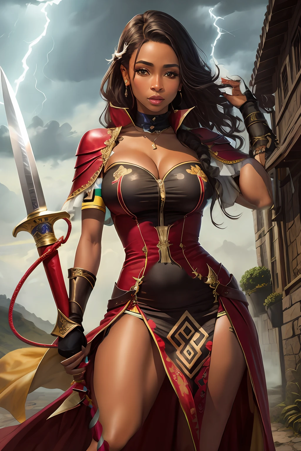 pele negra,vestido vermelho,buffalo tail whip in the other hand