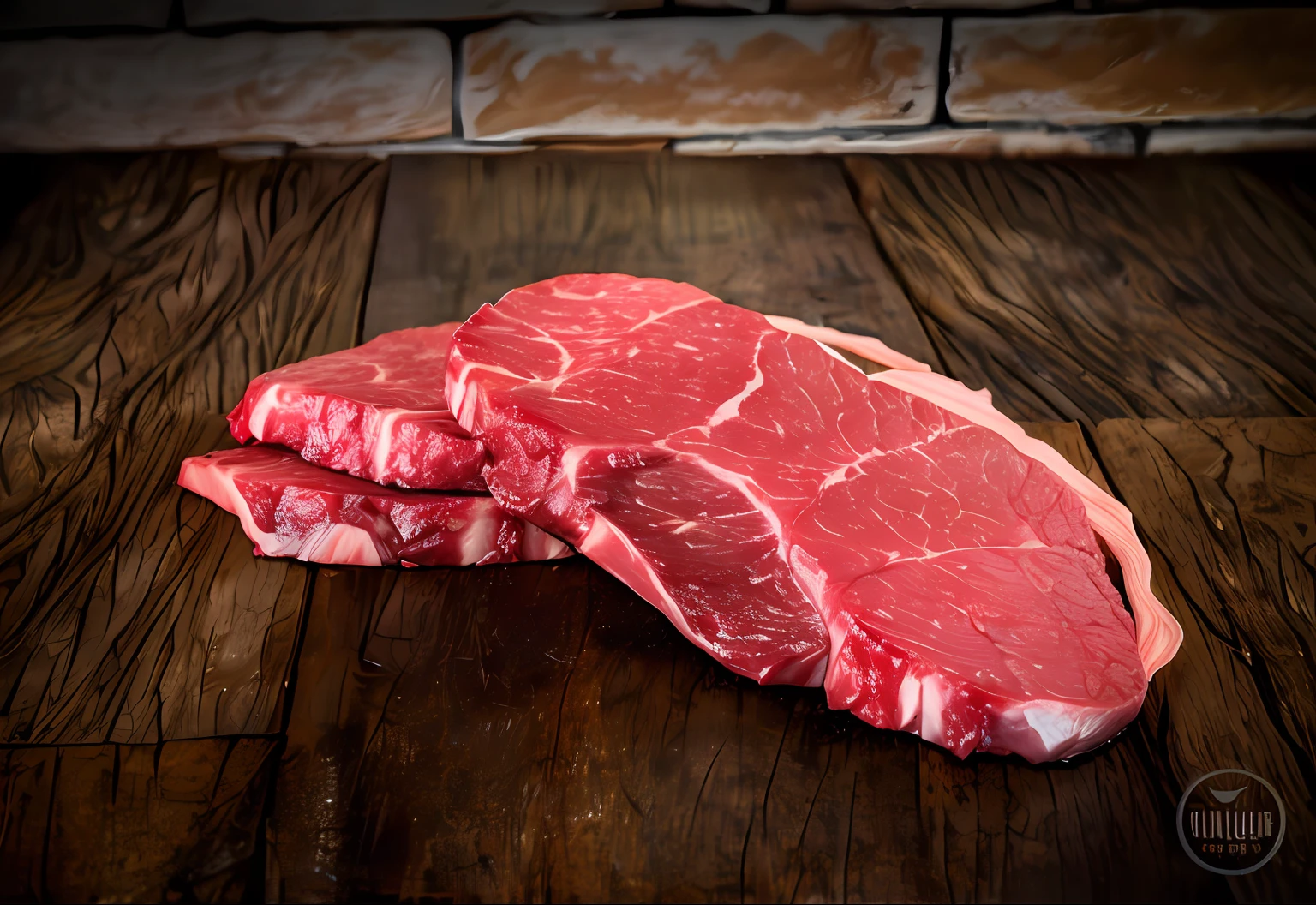 bifes arafed em uma mesa de madeira com uma parede de tijolos no fundo, carne de vaca, carne com veios, red meat shreds, veios de carne, carne, Steak, ground red meat, Carne, carne suculenta, Directed by: Julian Hatton, wet shredded red meat, assunto completo mostrado na foto, Foto de Stock, Cinzelado, iStock, carne suada, Imagem de Stock --auto