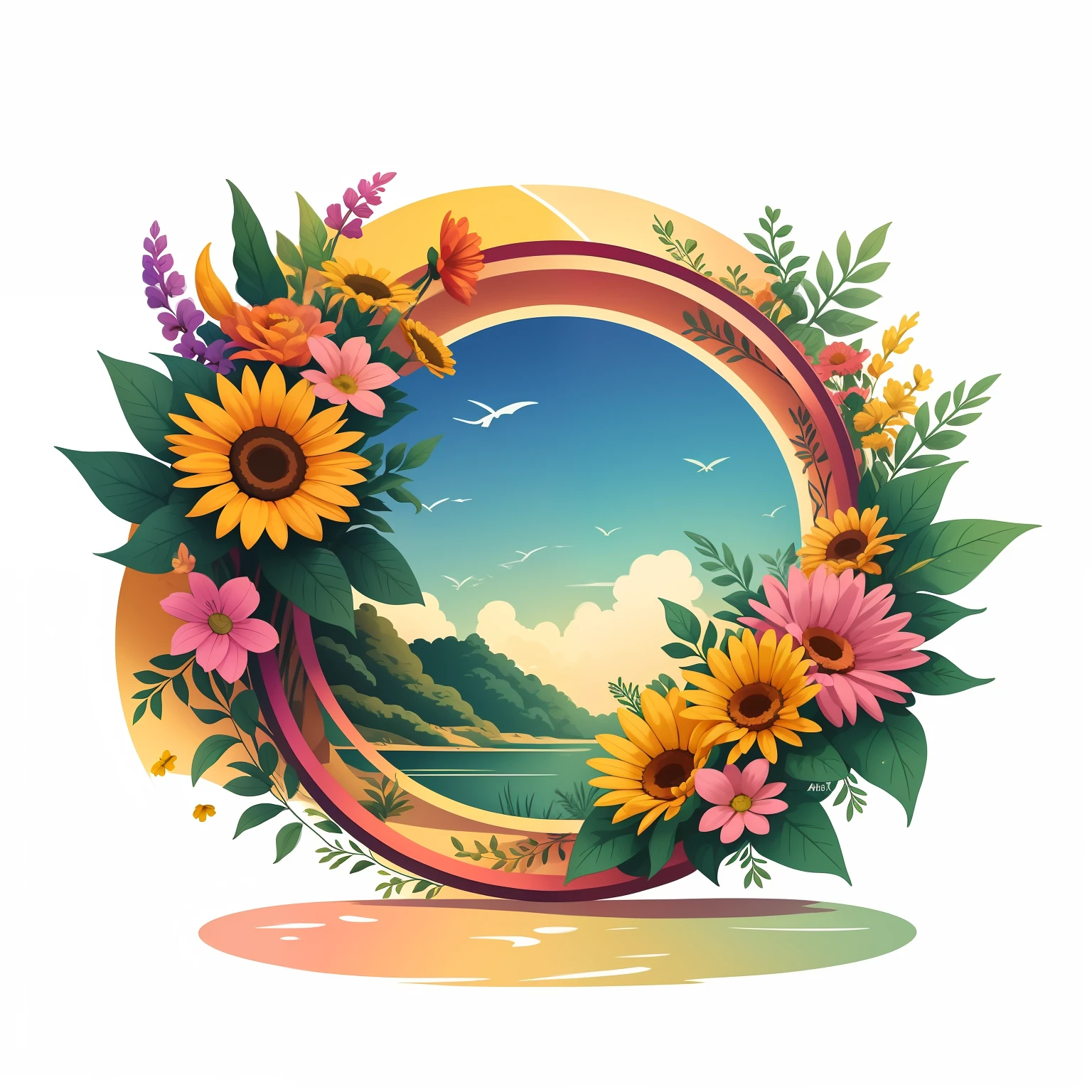 crie uma arte vetorial circular com flores coloridas e variadas. --auto