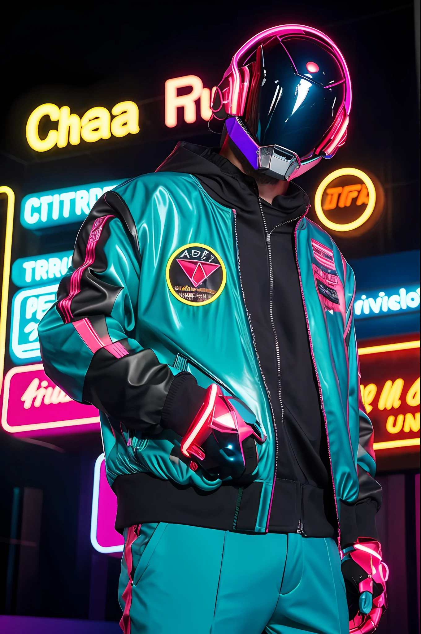 las marcas de la chaqueta convierte en triangulos azul neon, agrega un  cibercasco realista del estilo daftpunk pero mas rudo e intimidante