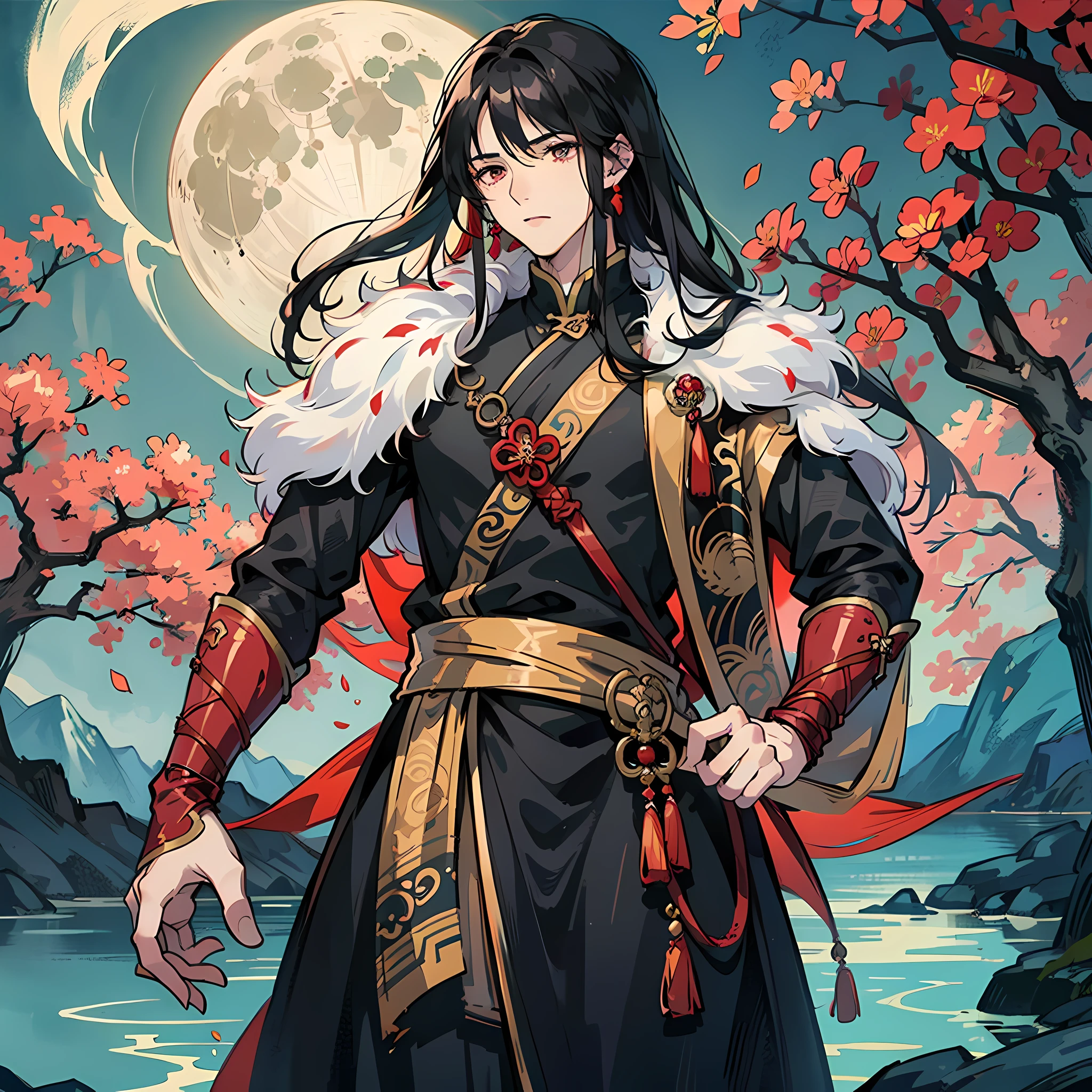 a masterpiece of,need,exteriors,the night,moon full,lakeside,tree branch,1male people,Mature man,China-style,Ancient Chinese,black har,blackigeyes,Long split ends,with long bangs,Handsome,Handsome,virile,gentleness,large tall,calmness,Red mixed dragon prince,a sword,Exquisite facial display