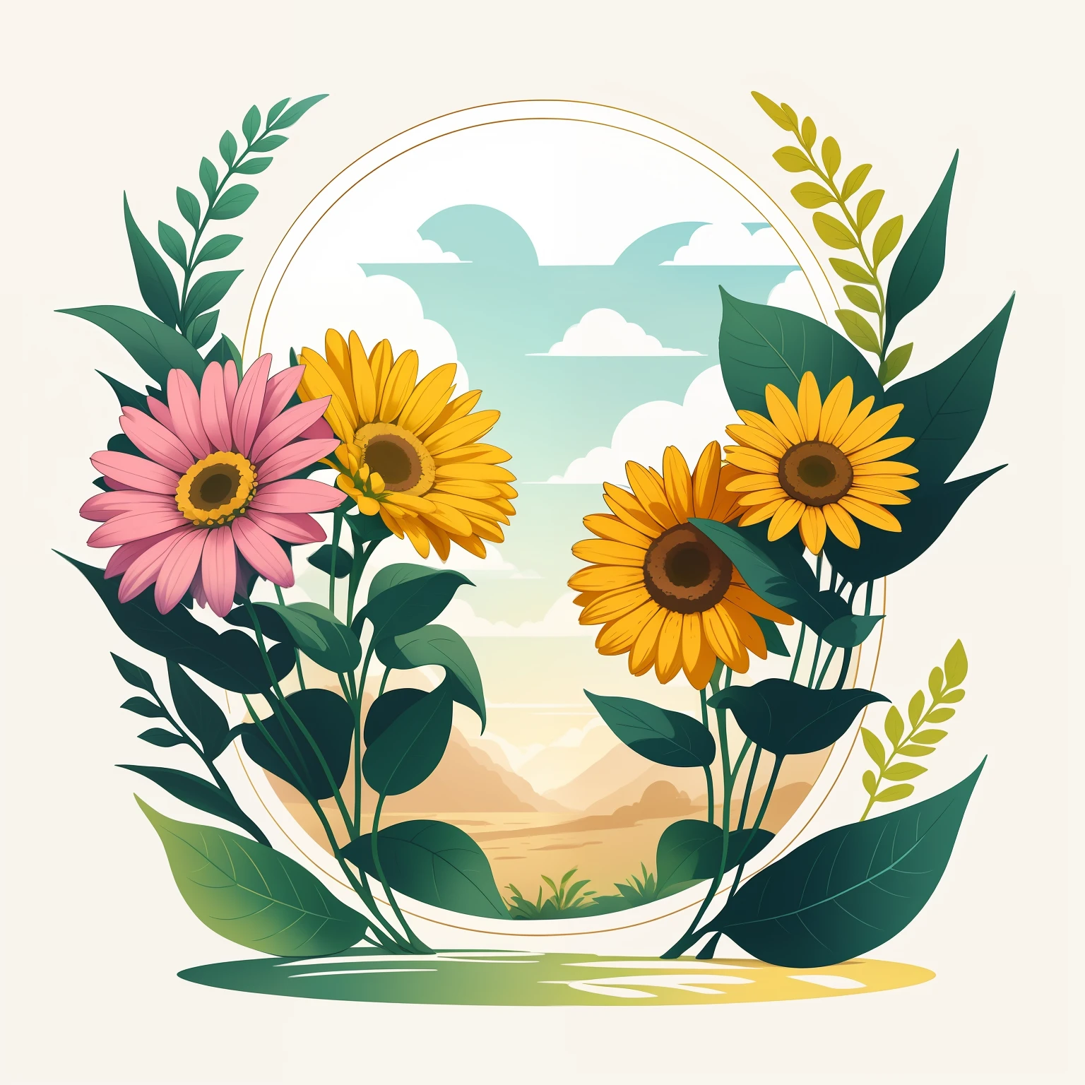 crie uma arte vetorial circular com flores coloridas e variadas. --auto