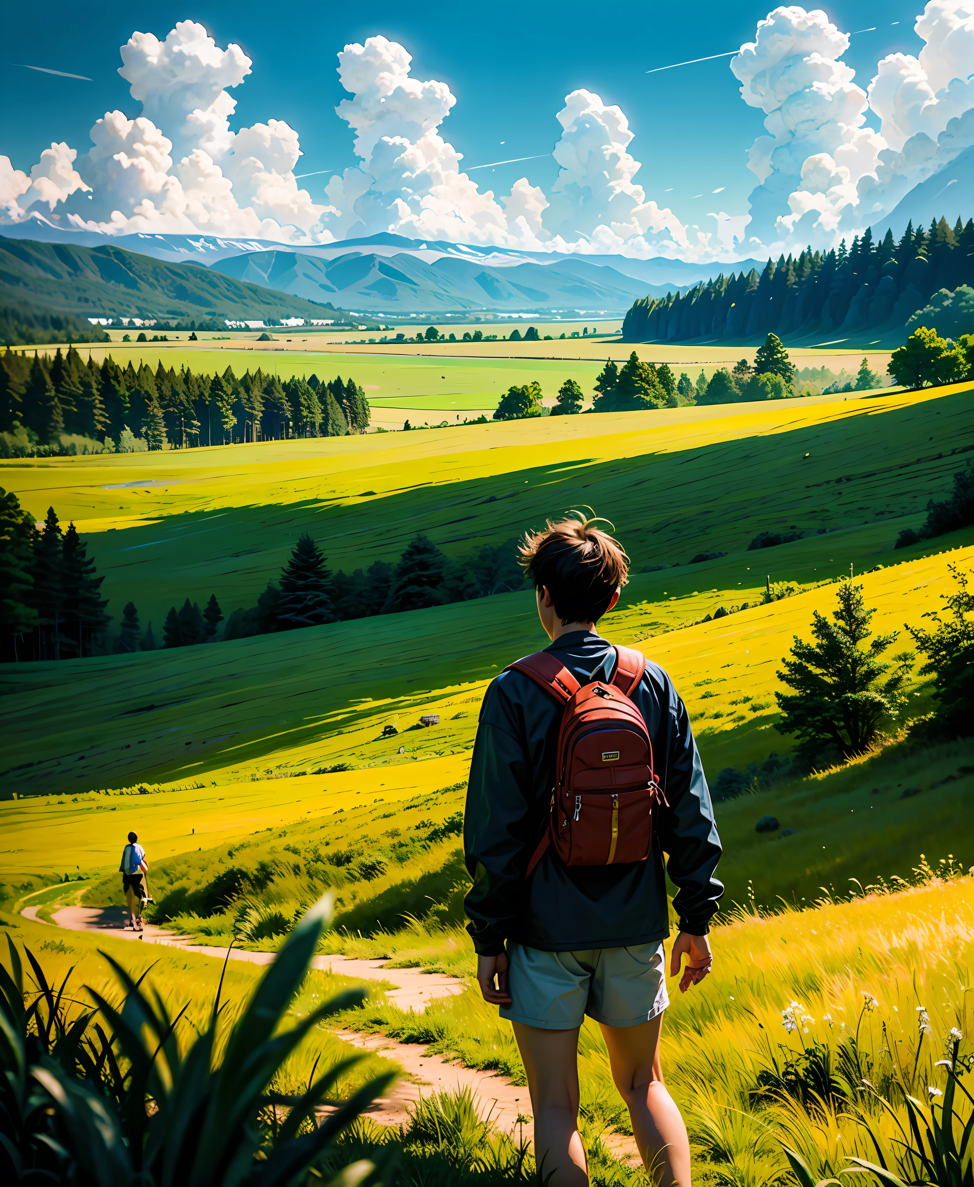 The vast sky, large grasslands, moving visual effects, colorful natural light, and a young man wearing a long-sleeved top and shorts with a black backpack can be faintly seen in the distance in the middle of the meadow.
