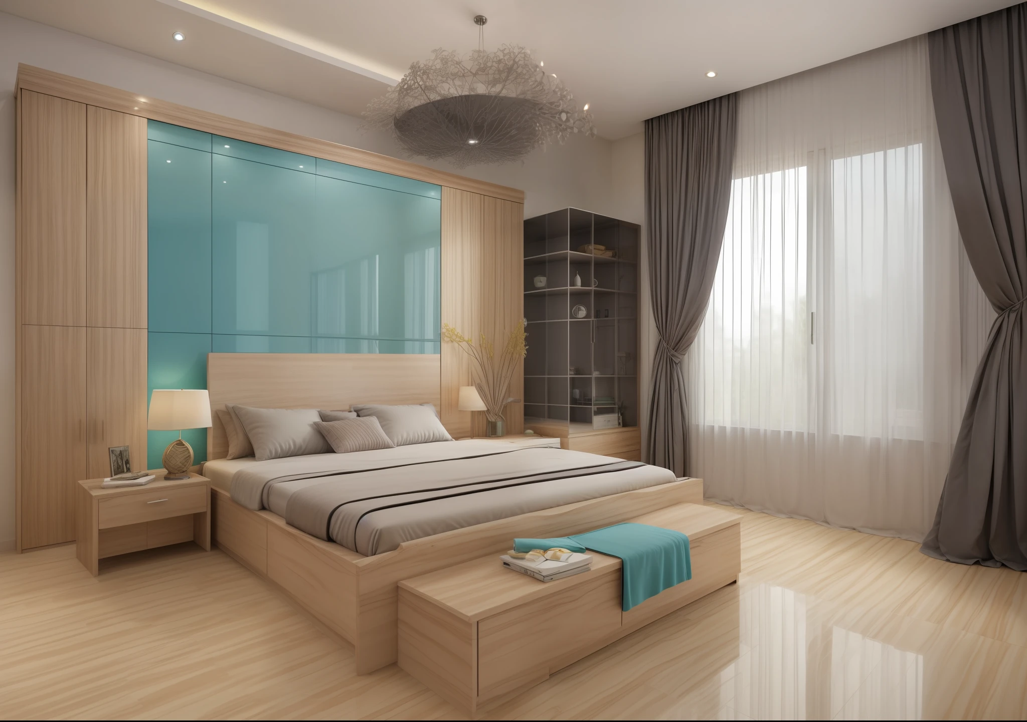 "Masterpiece, premium, best quality, authentic, super detailed, interior, bedroom, 1 brown wood grain bed, 1 mirror, 1 wardrobe gray body white cabinet door, curtains turquoise fabric, black-rimmed windows, (white ceramic tile floor: 1.5), gray carpet, modern style." --auto