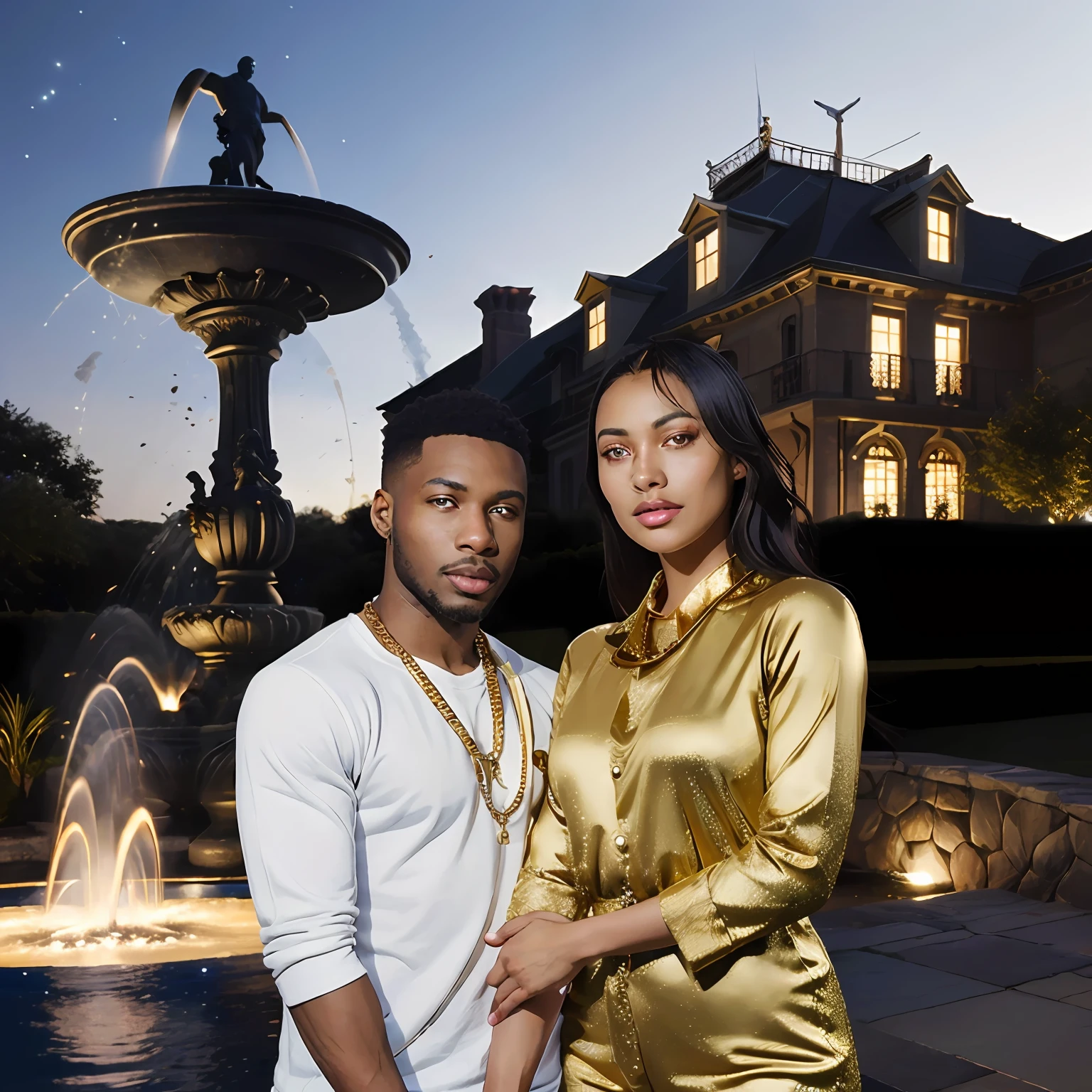black male rapper Gangsters couple, money in hand, gold chains around their necks, gold teeth, luxury cars in background, designer rapper gold clothes, Mansion compound setting, fountain, fireworks in the sky (natural skin texture, hyperrealism, soft light, sharp), front view, full body shot, night time, mansion light illumination