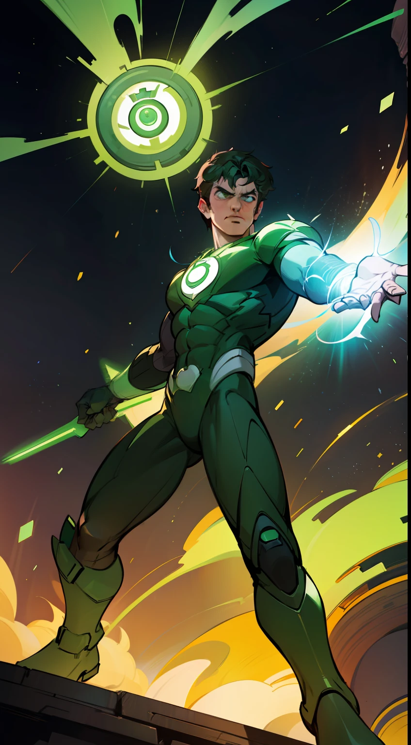 An epic masterpiece of the Green Lantern Corps, rendered in ultra-detailed CG and best quality imagery. Featuring the iconic emerald light, beautiful luminosity, and dynamic pose of the Green Lantern, set against a dark and intense background. The scene captures the heroic essence of the Green Lantern, as he stands resolute against the dangers of the universe.
