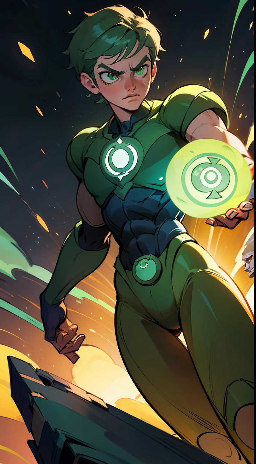 An epic masterpiece of the Green Lantern Corps, rendered in ultra-detailed CG and best quality imagery. Featuring the iconic emerald light, beautiful luminosity, and dynamic pose of the Green Lantern, set against a dark and intense background. The scene captures the heroic essence of the Green Lantern, as he stands resolute against the dangers of the universe.