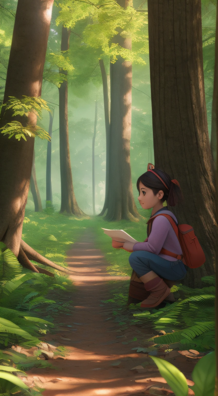 The Wise Tree told Sofia about a lost treasure that was hidden somewhere in the forest. 3d, 4k, Qualidade HD, Realistic, melhor qualidade, ..3d, realista, texturas de alta qualidade undo infinito desfocado cinematografico 60,30,10.