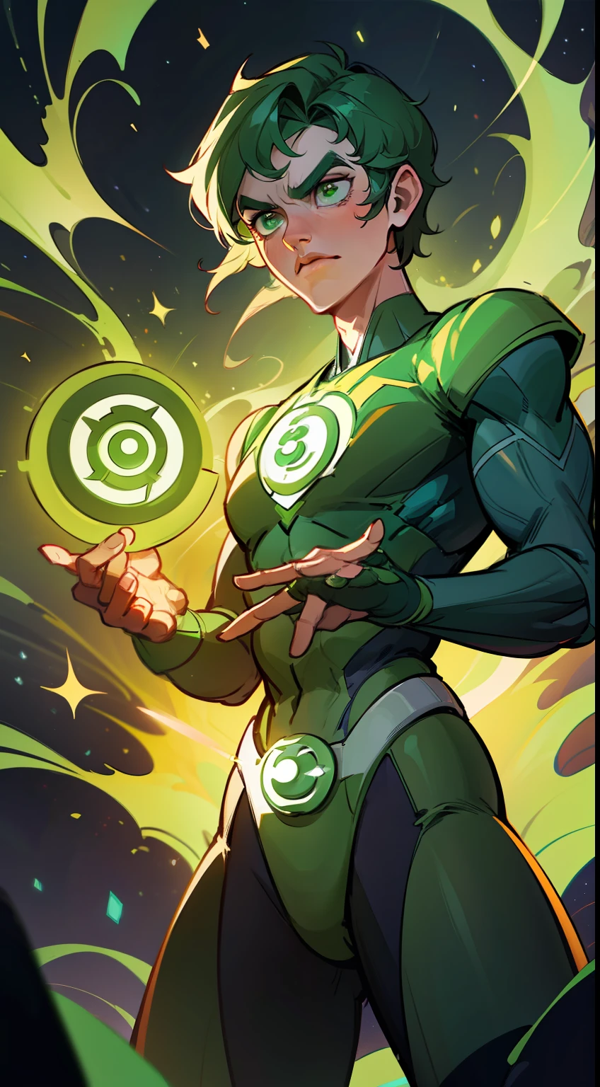 An epic masterpiece of the Green Lantern Corps, rendered in ultra-detailed CG and best quality imagery. Featuring the iconic emerald light, beautiful luminosity, and dynamic pose of the Green Lantern, set against a dark and intense background. The scene captures the heroic essence of the Green Lantern, as he stands resolute against the dangers of the universe.