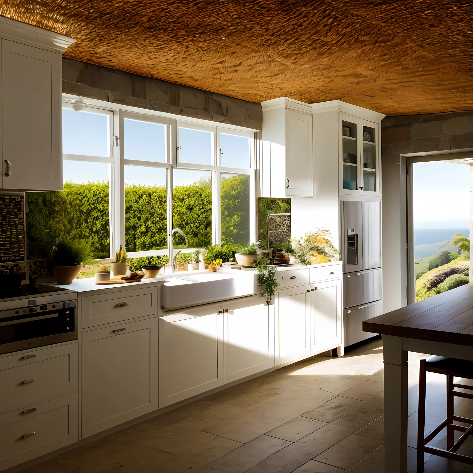 There is a kitchen lit by bright window, Cozinha da casa em um dia ensolarado, grande janela da porta francesa, natural Detailed Lighting, natural window lighting, grandes janelas abertas, renderizado em corona, janelas do piso ao teto, breathtaking detail, janelas grandes, linda luz natural, soft natural lighting, Epic natural light, janela da porta francesa