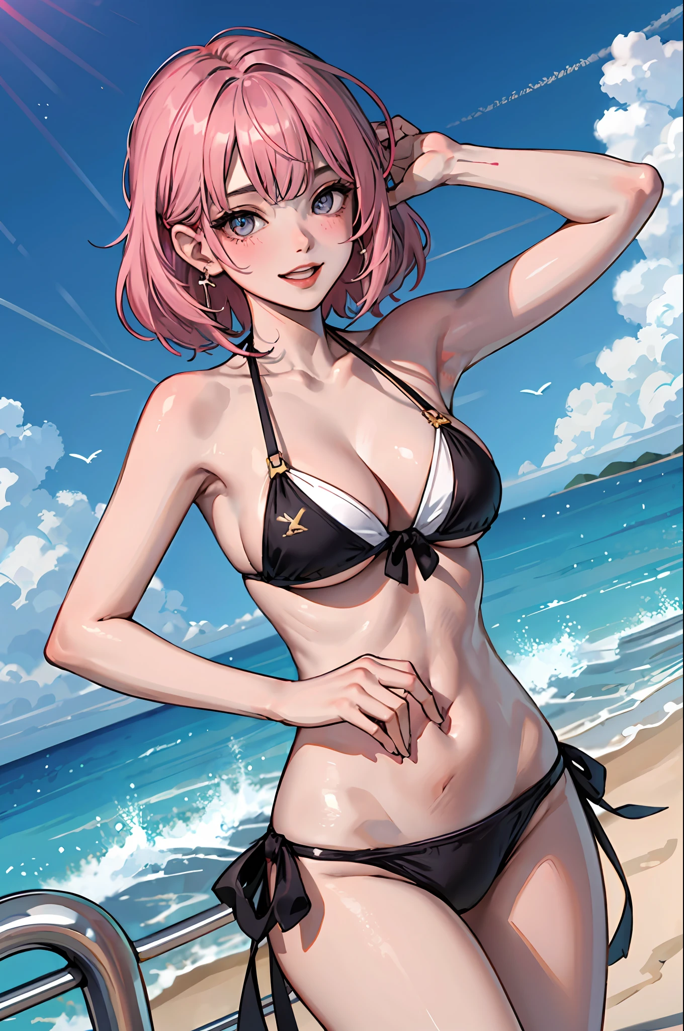 (obra-prima:1.2, melhor qualidade), (1lady, solo:1.2), synecdoche, obra-prima, melhor qualidade, 1girl, seios, estampa de bandeira, bathing suit, bikini black, seios grandes, blush, cabelo rosa, franja, boca aberta, bikini, solo, olhando para o espectador, fcollarbone, olhos azuis, franja varrida, brincos, ombros nus, sorriso, decote, joias, ciel, cabelo longo, rabo de cavalo, blue skies, areola slip, molhado 8k
