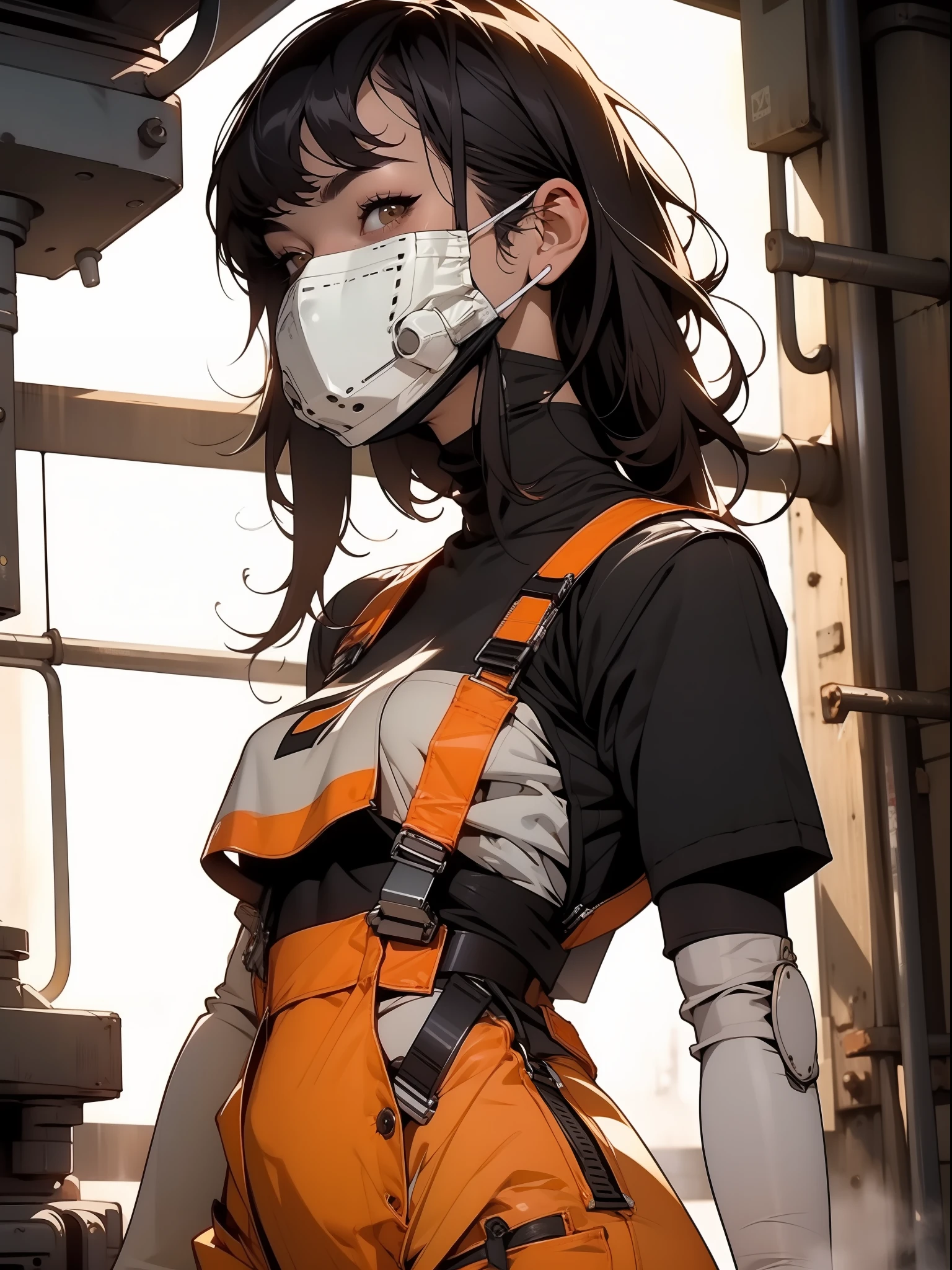 Nijistyle, A muscular 35-year-old female welder working hard in a nearly naked steel industry in the Simon Bisley style, (( Raised Welder Mask, mostrando o rosto )), Holding a blowtorch, fumando um charuto, charuto entre os dentes, She wears a cap and is working hard operating machines in the production of parts for robots, suada, pele molhada de suor, suja, cansada mas sorrindo, orange worker overalls with typographies, ((( cr de laranja ))), corpo perfeito, seios grandes com decote, ((( cabelo curto ))), ((( rosto adulto ))), ( Darryl Hanna ), Minimum clothing, Tiny floss, Nijistyle, jantar adulto, cena sensual, extremamente sexy