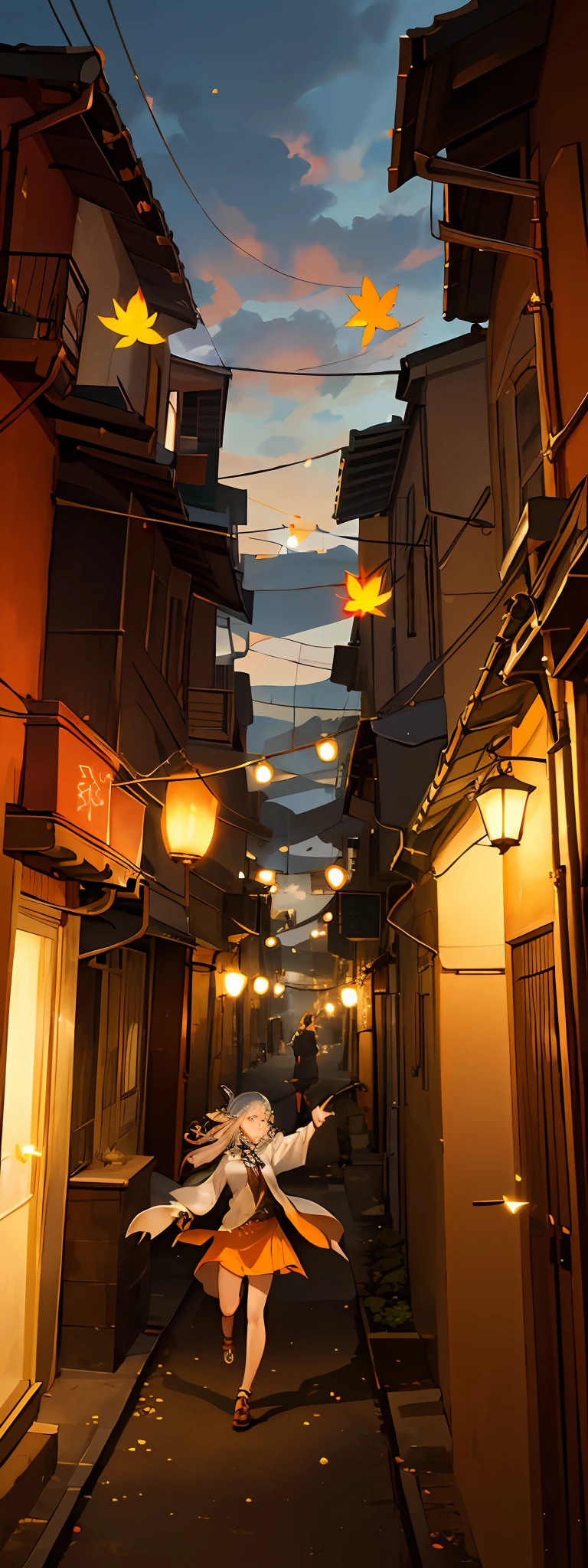 Expansive landscape photograph (seen from below, which shows the sky above and the open street, alleyway, slums), A  girl, Running down the alley and looking up 1girl, dinamic angle, The Cloud and the Mountain, (flower field: 1.4) In the foreground, gray cloak, Lots of leaves in the air, Light tracing, (Floating colorful wind: 1) (photo-realistic: 1.4), offcial art, Unity 8k wallpaper, Ultra-detailed, Beautiful and aesthetically pleasing, a masterpiece of, beste-Qualit, luminous skin, 电影灯光, slight smile (daytime, The sky: 1,2), (Flying leaves: 0,9), (The sun is shining: 1,3), A Distant Mountain , дерево BREAK production art, (Warm light source:1.2), (Firefly:1.2), lamp, a lot of yellow, Orange, Green, intricate details, volumetric lighting BREAK (a masterpiece of:1.2), (beste-Qualit), 4k, overdetalization , (Dynamic composition: 1.4), Highly detailed, colorful details, (Rainbow colors: 1.2), (Glowing Lighting, Ambiance Lighting), dreamy, elvish, (独奏: 1.2)