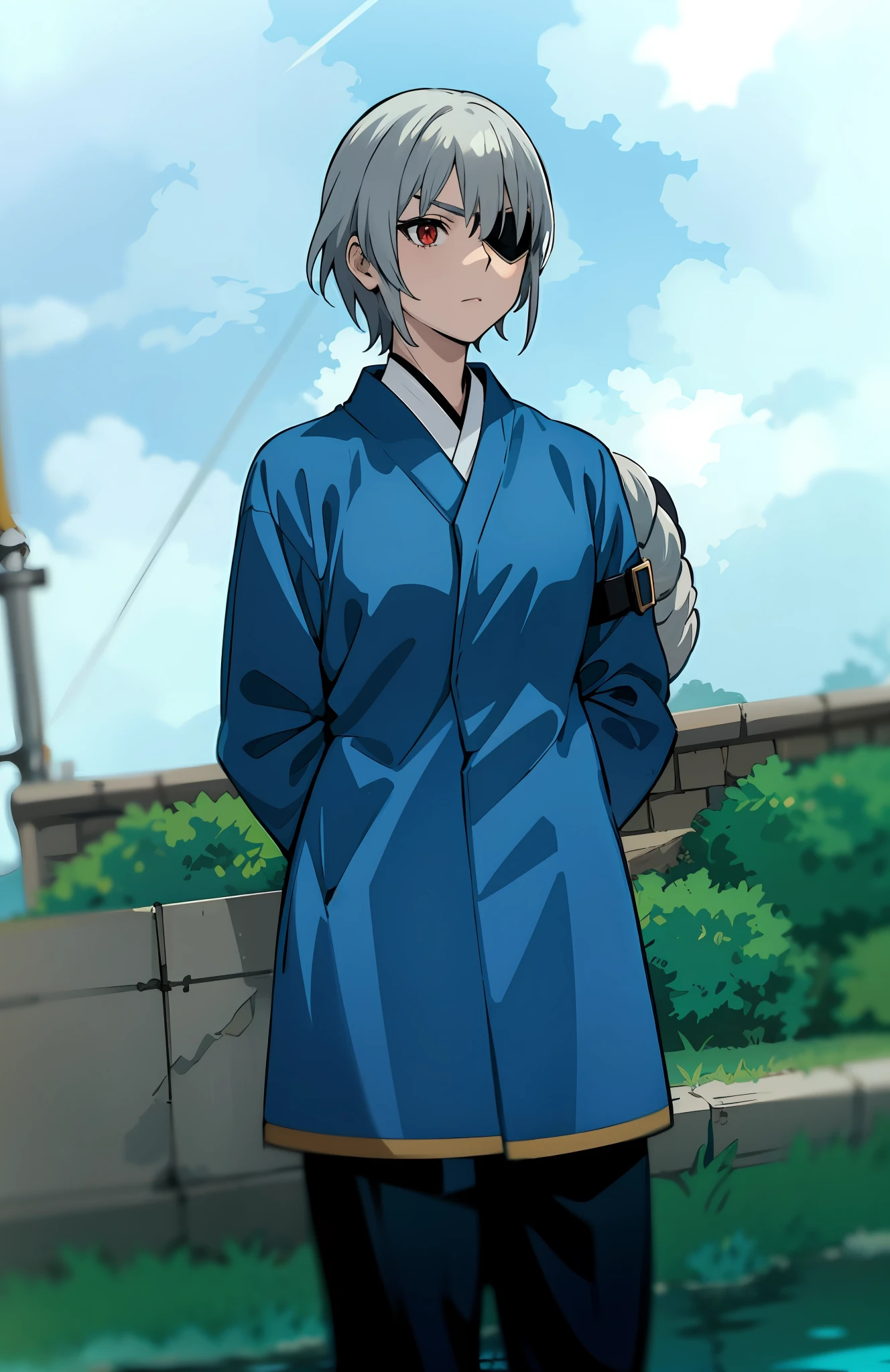 Female (woman (Fujin)), silver hair, spiky hair, eyepatch, red eyes, serious, A close-up of a person in a game, Grey-haired anime character standing in front of a river, Fubuki, uniforme bleu, Porter une robe bleue, wearing a blue robe, Anime Mode Artstyle, Tsukasa Dokite, as an anime character, Shinkai Makoto, Uniforme JK, Femin's anime character, Robe bleue, anime character, okata kazuto, Personnage de style anime . (Masterpiece : 1,8), 64k quality, final fantasy artwork concept, detailed manga eyes, detailed hair, detailed clothes, detailed body, cleaner designs, detailed face pronounced, shiny objects like jewels, see creases on clothes, more coherent clothing, more rounded eyes transparent liquid globular, more colors, more coherent clothing , correct the features of the clothes, better eyes contour, better shoulders, really colorful, coarser line, black line, finishing . (coarser line) (black line) (homogeneous rendering: 1.3)