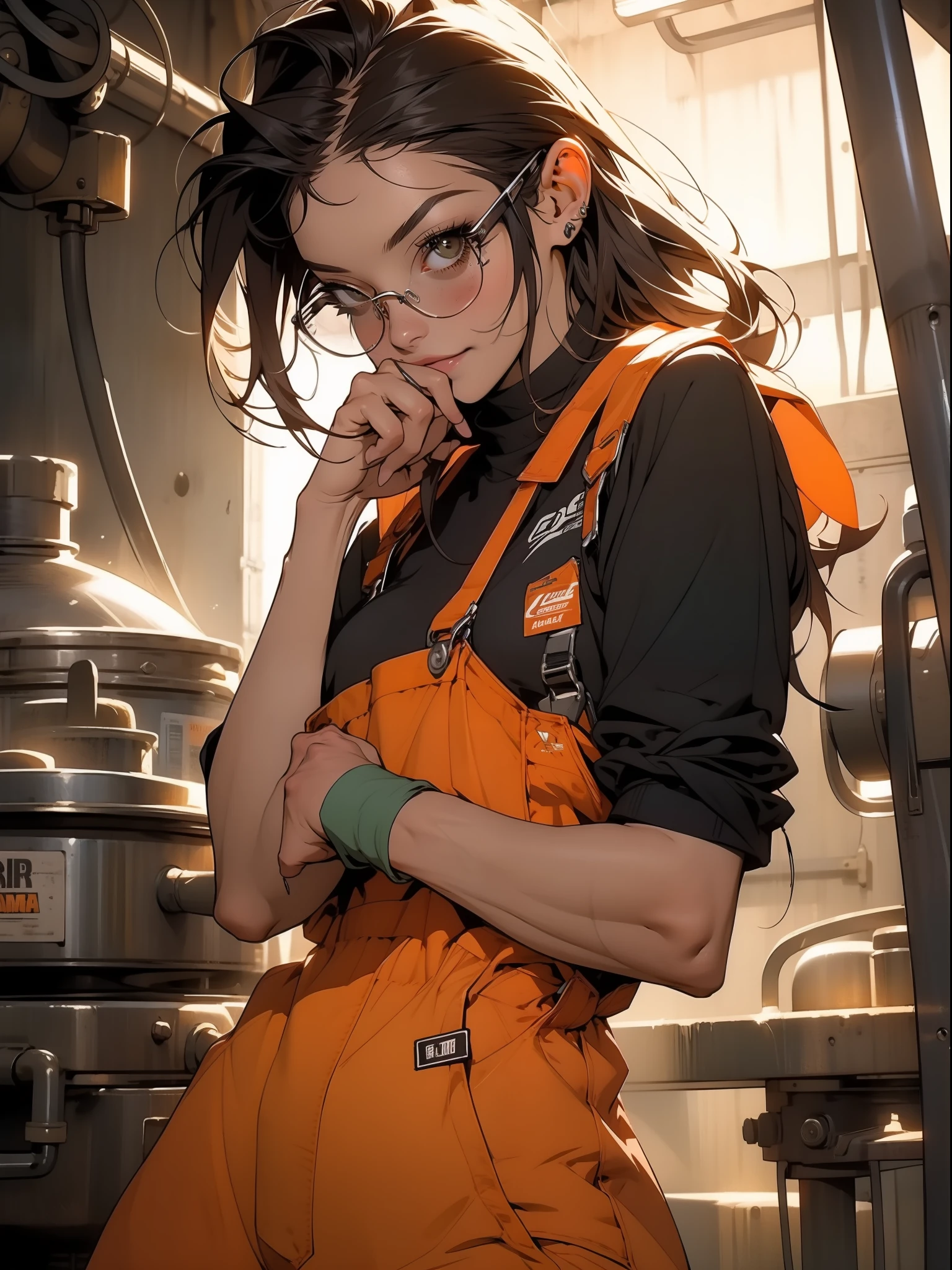 Nijistyle, A muscular 35-year-old female welder working hard in a nearly naked steel industry in the Simon Bisley style, (( welder's glasses on forehead )), Holding a blowtorch, fumando um charuto, charuto entre os dentes, She wears a bandana on her head and is working hard operating machines in the production of parts for robots, suada, pele molhada de suor, suja, cansada mas sorrindo, orange worker overalls with typographies, ((( cr de laranja ))), corpo perfeito, seios grandes com decote, ((( cabelo curto ))), ((( rosto adulto ))), ( Darryl Hanna ), Minimum clothing, Tiny floss, Nijistyle, jantar adulto, cena sensual, extremamente sexy