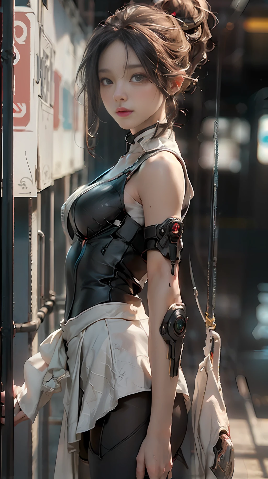 ((Best quality)), ((masterpiece)), (detailed:1.4), 3D, an image of a beautiful cyberpunk female,HDR (High Dynamic Range),Ray Tracing,NVIDIA RTX,Super-Resolution,Unreal 5,Subsurface scattering,PBR Texturing,Post-processing,Anisotropic Filtering,Depth-of-field,Maximum clarity and sharpness,Multi-layered textures,Albedo and Specular maps,Surface shading,Accurate simulation of light-material interaction,Perfect proportions,Octane Render,Two-tone lighting,Wide aperture,Low ISO,White balance,Rule of thirds,8K RAW,
