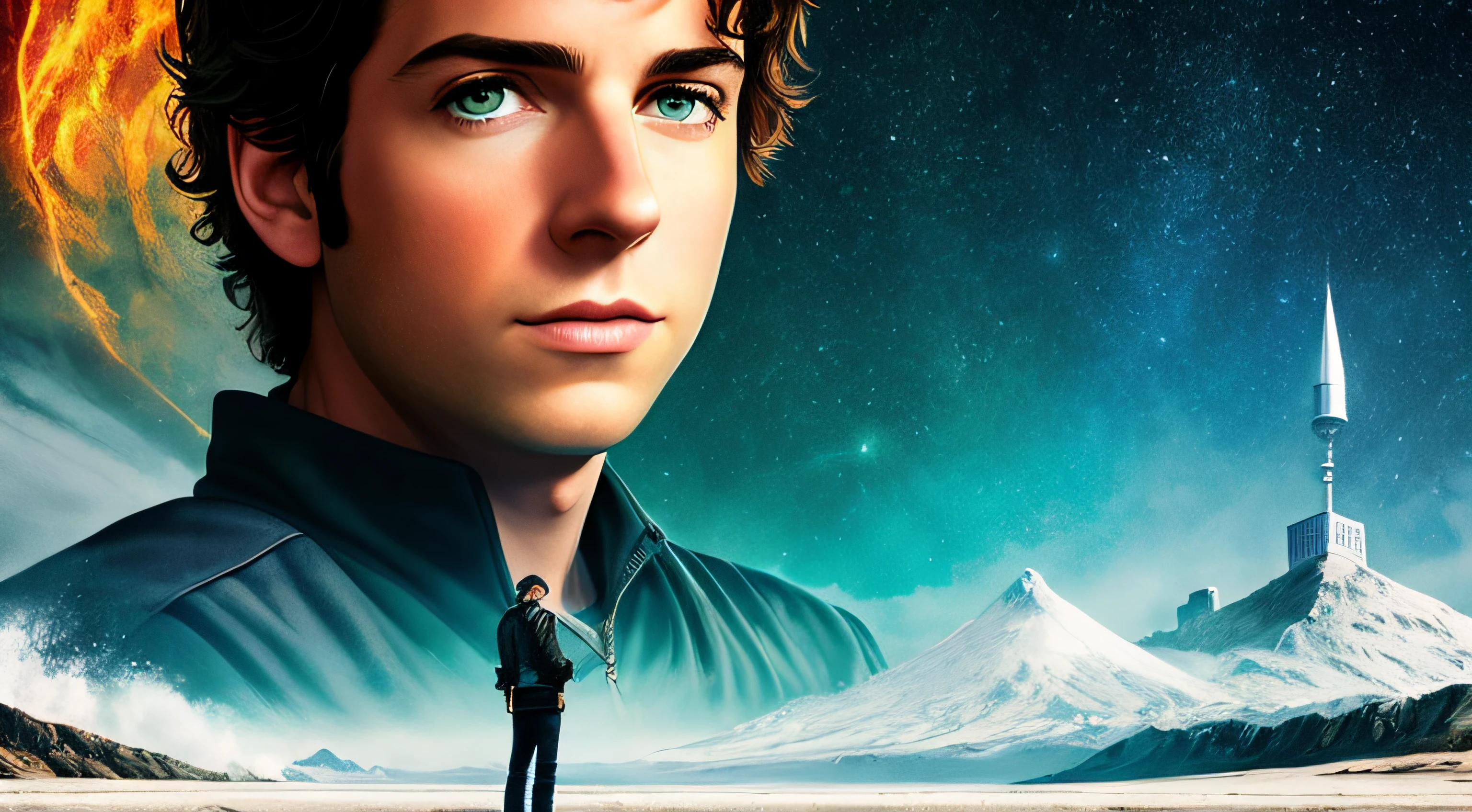 arafed image standing in front of a monte olimpo, percy jackson, promotional art, promotional still, promotional image, spy kids juni cortez, key art, movie promotional image, inspired by Steven James Petruccio, promotional picture, hq artwork, promo image, mixed art, promo still, live action movie, live-action adaptation, background