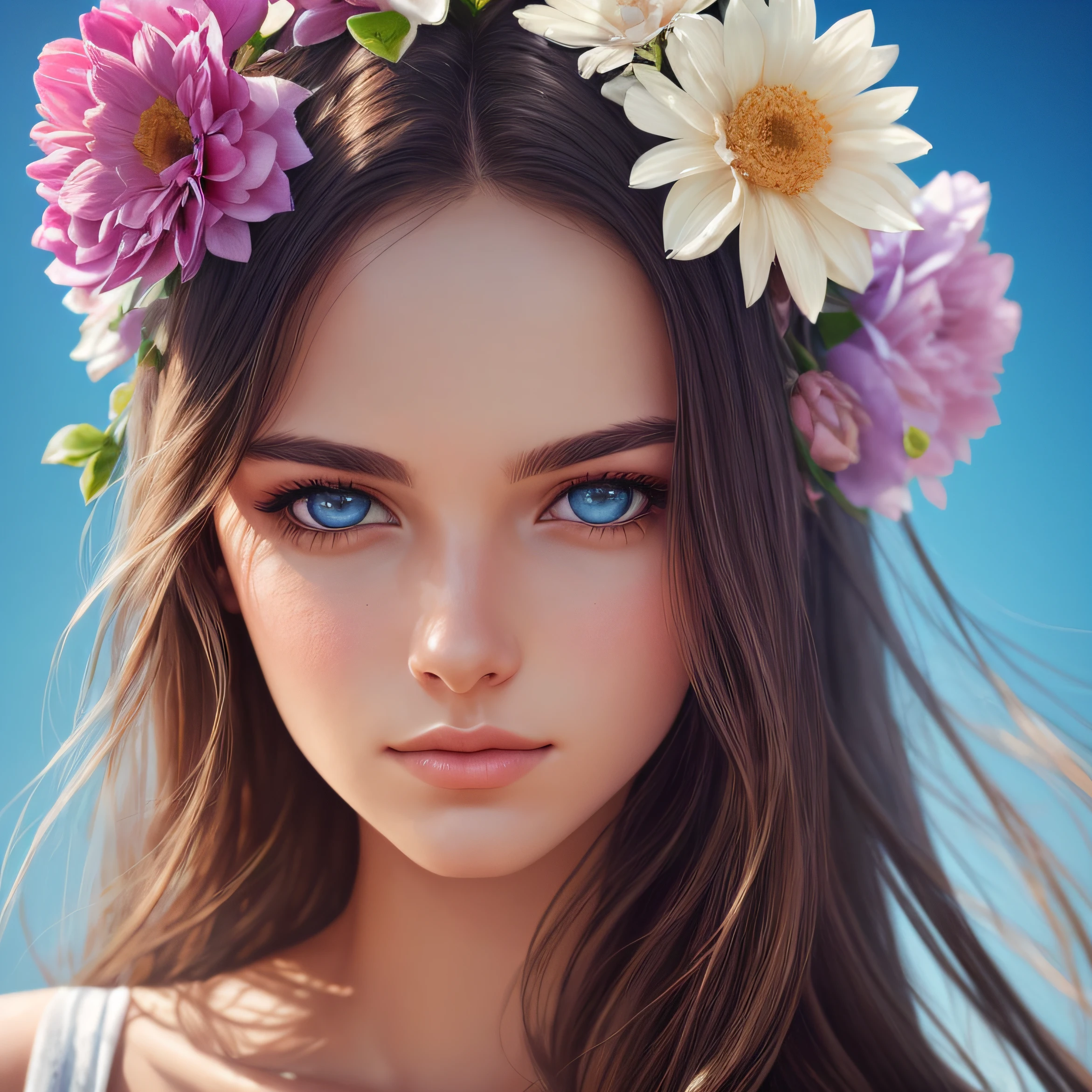 25 years old european woman with flowers in her hair and a blue sky background, perky woman made of petals, photorealistic beautiful young woman, flower storm portrait, beautiful photorealistic artwork, 8k artistic portrait photography, beautiful portrait photo, floeers in hair, beautiful gorgeous photorealistic art, beautiful photorealistic portrait, beautiful photorealistic art, gorgeous photorealistic art --auto