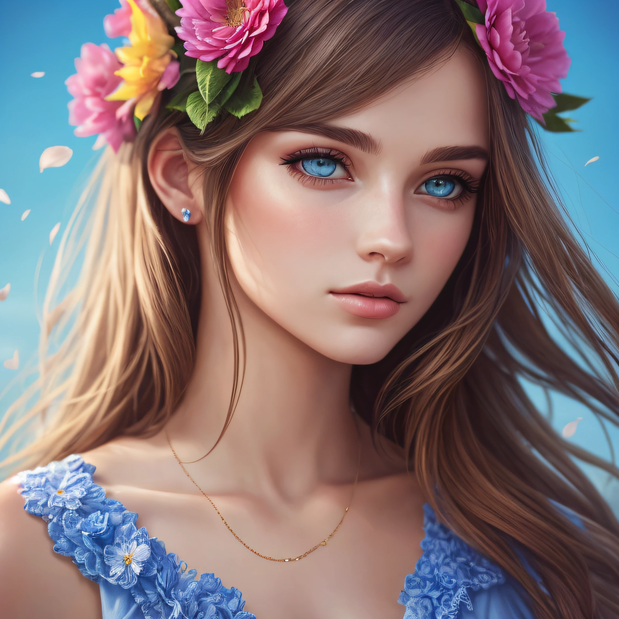 25 years old european woman with flowers in her hair and a blue sky background, perky woman made of petals, photorealistic beautiful young woman, flower storm portrait, beautiful photorealistic artwork, 8k artistic portrait photography, beautiful portrait photo, floeers in hair, beautiful gorgeous photorealistic art, beautiful photorealistic portrait, beautiful photorealistic art, gorgeous photorealistic art --auto