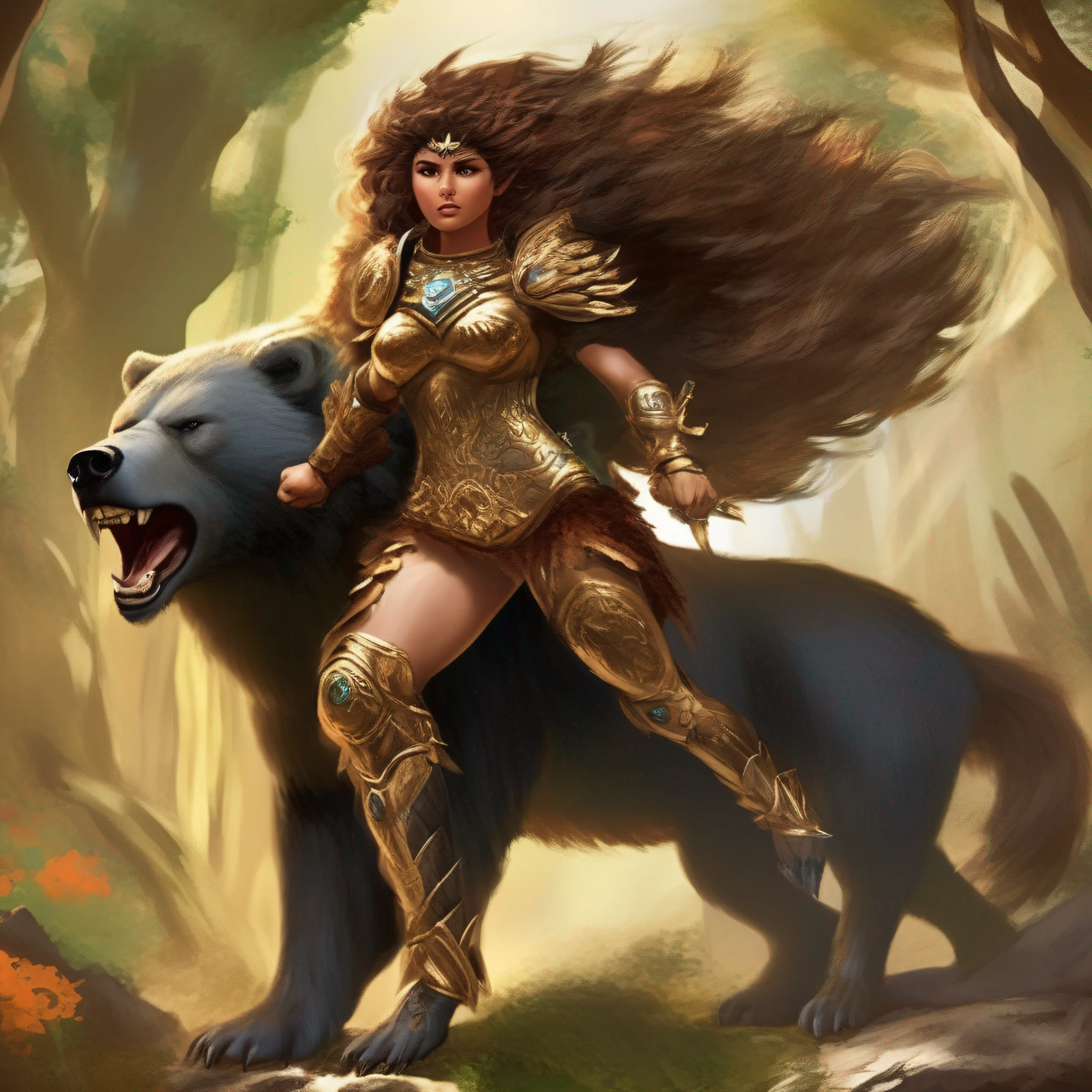 No centro da imagem, Atalanta appears as a formidable heroine. She is in a posture of determination, empunhando um arco poderoso com uma flecha pronta para ser disparada. Dressed in animal-inspired armor, His appearance reflects his connection to the bear and the wilderness. Her hair flutters in the wind, demonstrating his energy and unstoppable fury.
The bear is represented in all its majesty alongside Atalanta. Its size is colossal, with strong muscles and imposing hair. His eyes are fierce and full of wisdom, showing the strength of the union between her and Atalanta. Both are surrounded by a magical aura that radiates from their bodies, symbolizing the wild essence they share.
The landscape is an immense and dense forest, with tall trees stretching to the horizon. Rays of the sun pierce through the treetops, Creating a dramatic play of light and shadows. A natureza parece pulsar com vida, with leaves and branches dancing in the wind.
Ao fundo, vislumbra-se uma montanha majestosa, cujo pico se perde nas nuvens. The mountain symbolizes the challenges and obstacles Atalanta faced during his journey, while the bear next to you represents your strength and determination.
The image is marked by an intense and vibrant color palette, com tons terrosos e verdejantes dominantes. Magical Elements, like sparks of energy and subtle sparkles, permeiam a cena, highlighting the epic and mythical character of this period in Atalanta's life.
This image generated by artificial intelligence evokes a sense of adventure and power, capturing the wild union and grand journey of Atalanta with the bear in the forest. It conveys the magnitude of the connection between the heroine and nature, reinforcing the idea of a unique and powerful alliance that shaped the fate of the young warrior.