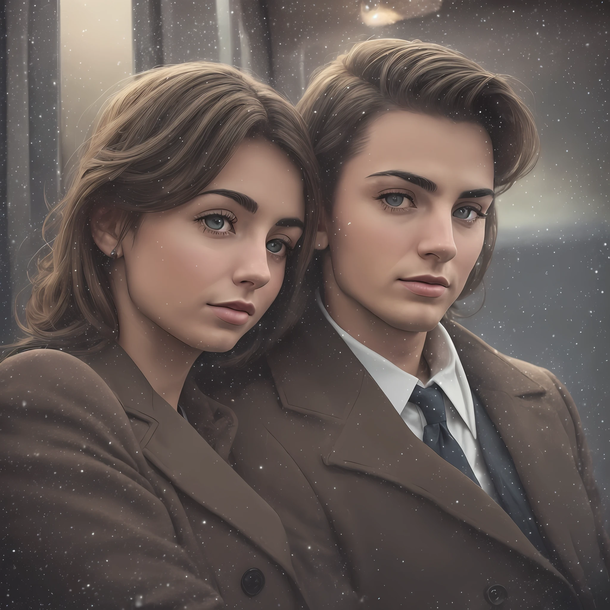 Ultra realistic photo with the close-up of a straight couple from the 50's sitting together on the seat of a train. Night lighting. night sky. Night image with features of the 50s. 1 woman from the 50's, with the characteristics of Ana de Armas, cabelo acima do ombro com cachos nas pontas, com corte do estilo dos anos 50; sentada em um banco de trem. 1 man from the 50's with the posture of an officer in the American air forces, parecido com Chris Evans. The two are together in a romantic cinematic image with a dramatic air , the lighting inside the train is low. It's night, Escuro, viagem norturna, frio, nevoeiro, inverno. Train with characteristics of the year 1950, with dramatic and melancholic tones --auto