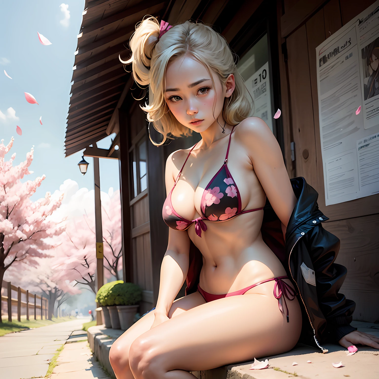 arafed woman in a bikini sitting on a sidewalk in front of a cherry tree, a picture by Torii Kiyomoto, tumblr, shin hanga, sakura kinomoto, anime girl in real life, beautiful alluring anime , realistic young gravure idol, beautiful blonde girl, japanese model, sakura petals around her, young skinny gravure idol --auto