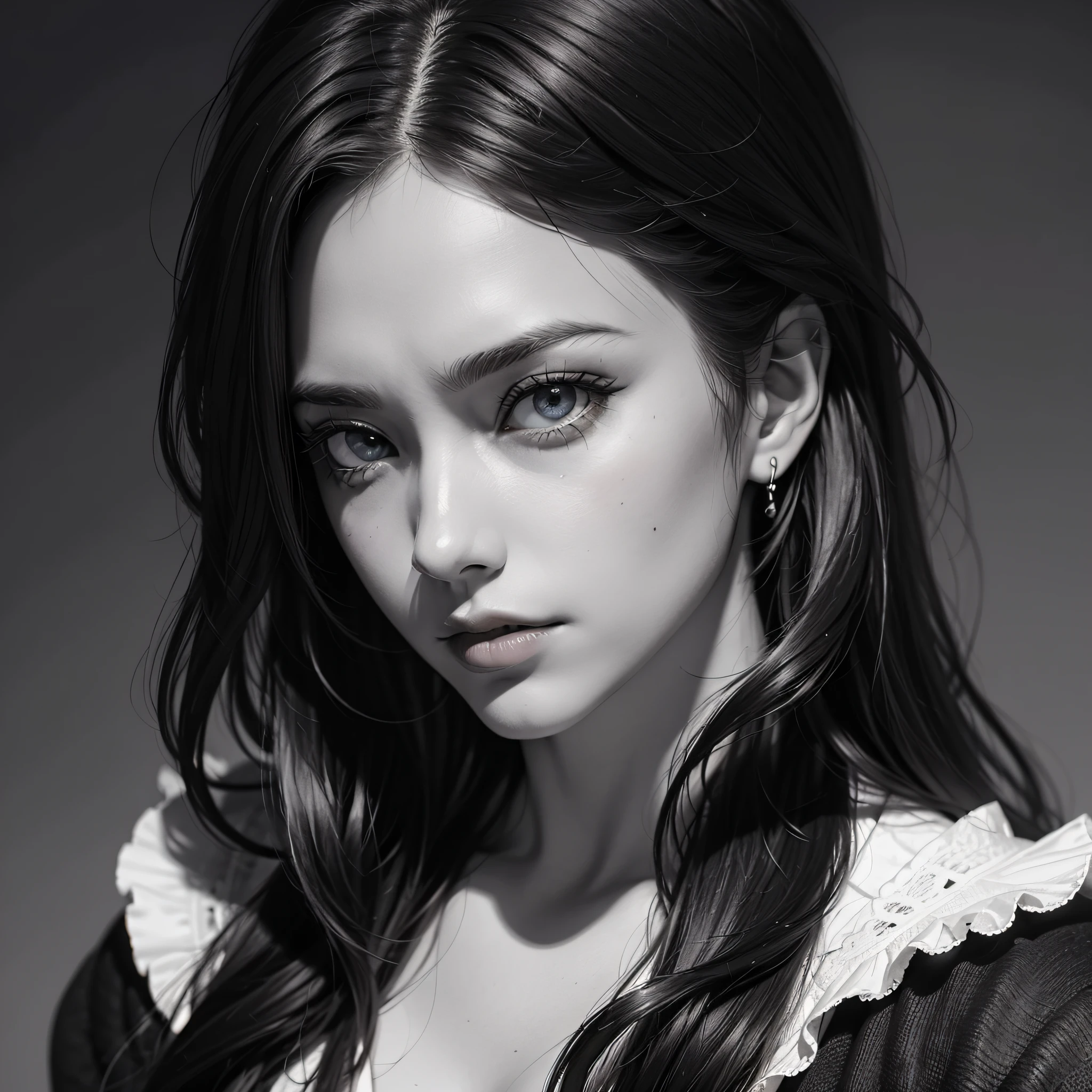 imagem em preto e branco com tons escuros, homem de cabelo grande e volumoso, serious expression looking at the camera, aura tenebrosa, close up, olhos roxos, only the eyes have color, o resto da imagem em preto e braco, manga-style