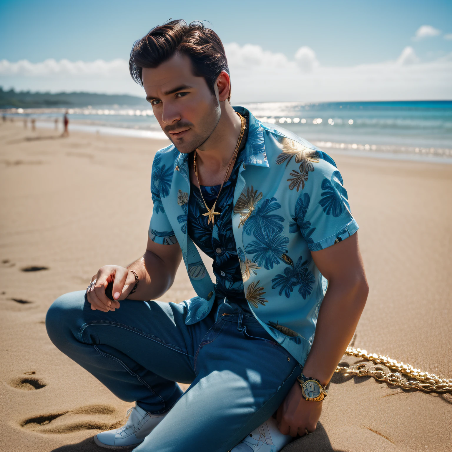 arafed man sitting on the beach with a chain around his neck, com camisa havaiana, olhos castanhos perfeitos, Waring uma camisa havaiana, alta resolução, Directed by: Adam Dario Keel, Camisa havaiana, imagens promocionais, fan art, posando em uma praia com o oceano, na praia, Tiro na Canon EOS R 5, Tiro na Canon EOS R5, filme de alta qualidade ainda, na areia
