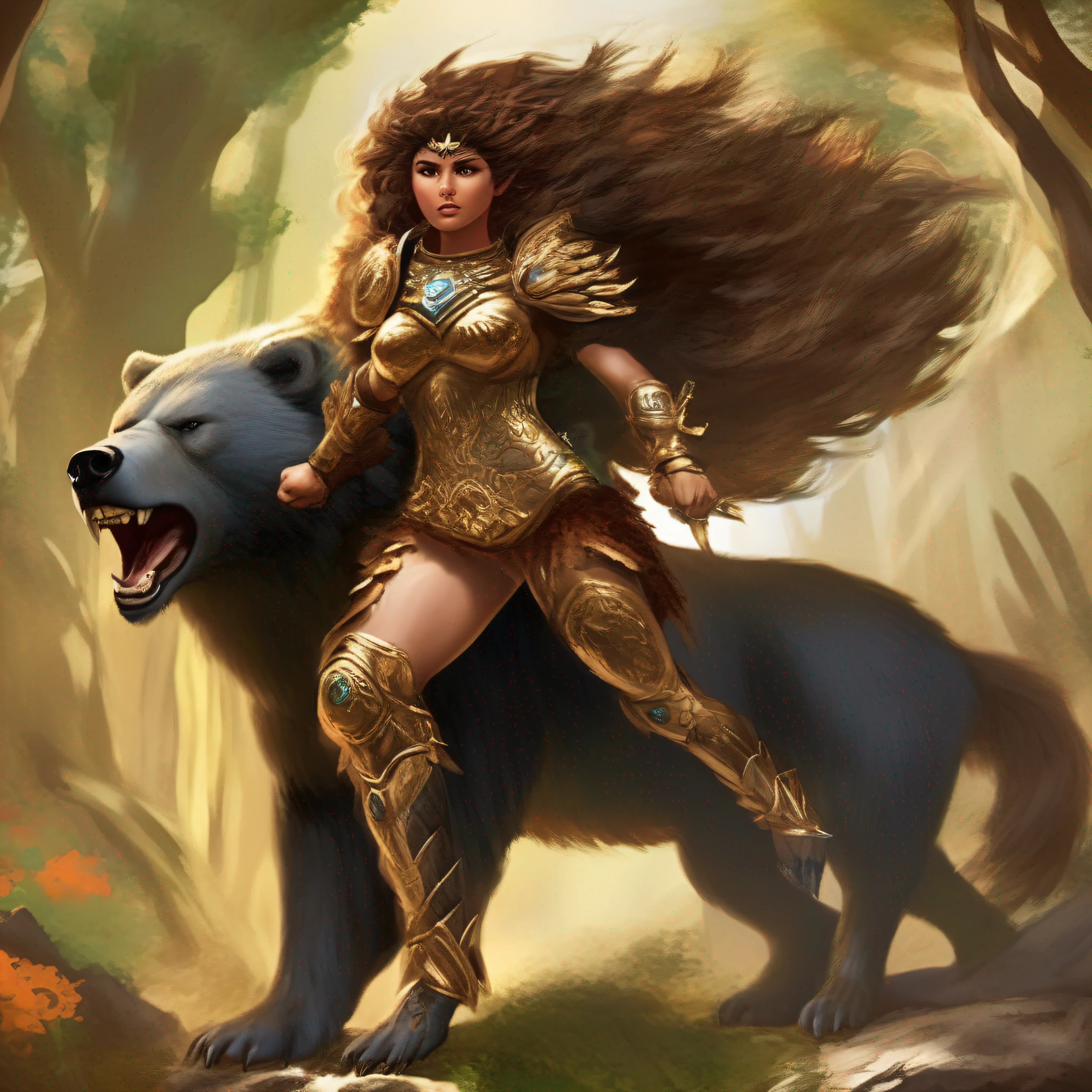 No centro da imagem, Atalanta appears as a formidable heroine. She is in a posture of determination, empunhando um arco poderoso com uma flecha pronta para ser disparada. Dressed in animal-inspired armor, His appearance reflects his connection to the bear and the wilderness. Her hair flutters in the wind, demonstrating his energy and unstoppable fury.

The bear is represented in all its majesty alongside Atalanta. Its size is colossal, with strong muscles and imposing hair. His eyes are fierce and full of wisdom, showing the strength of the union between her and Atalanta. Both are surrounded by a magical aura that radiates from their bodies, symbolizing the wild essence they share.

The landscape is an immense and dense forest, with tall trees stretching to the horizon. Rays of the sun pierce through the treetops, Creating a dramatic play of light and shadows. A natureza parece pulsar com vida, with leaves and branches dancing in the wind.

Ao fundo, vislumbra-se uma montanha majestosa, cujo pico se perde nas nuvens. The mountain symbolizes the challenges and obstacles Atalanta faced during his journey, while the bear next to you represents your strength and determination.

The image is marked by an intense and vibrant color palette, com tons terrosos e verdejantes dominantes. Magical Elements, like sparks of energy and subtle sparkles, permeiam a cena, highlighting the epic and mythical character of this period in Atalanta's life.

This image generated by artificial intelligence evokes a sense of adventure and power, capturing the wild union and grand journey of Atalanta with the bear in the forest. It conveys the magnitude of the connection between the heroine and nature, reinforcing the idea of a unique and powerful alliance that shaped the fate of the young warrior.